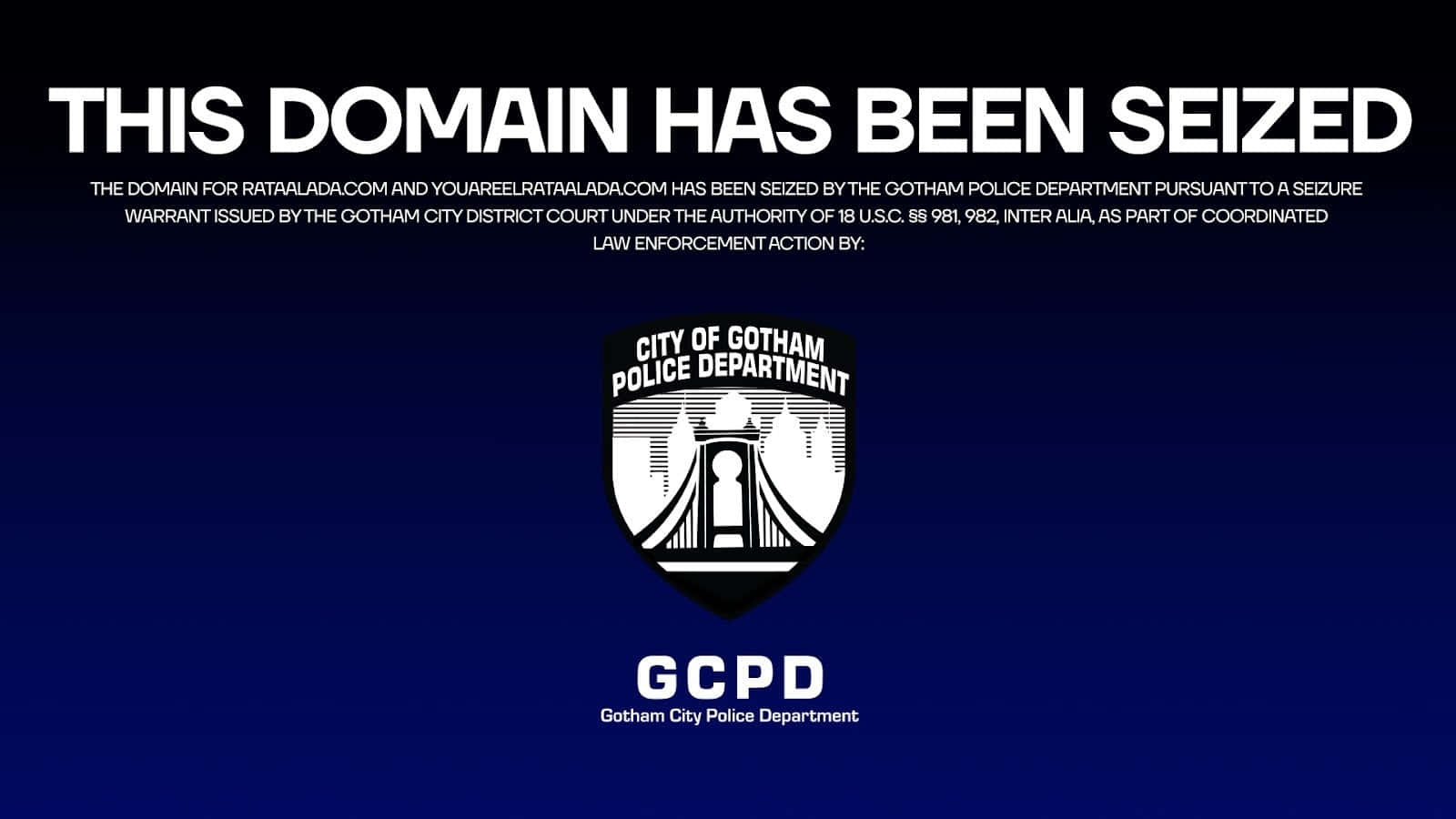 Gotham City Police Department 桌布 壁紙 — 一個深藍色的數位通知宣佈一個網域名稱被高譚市警察局查封，其標誌居中位於下方。