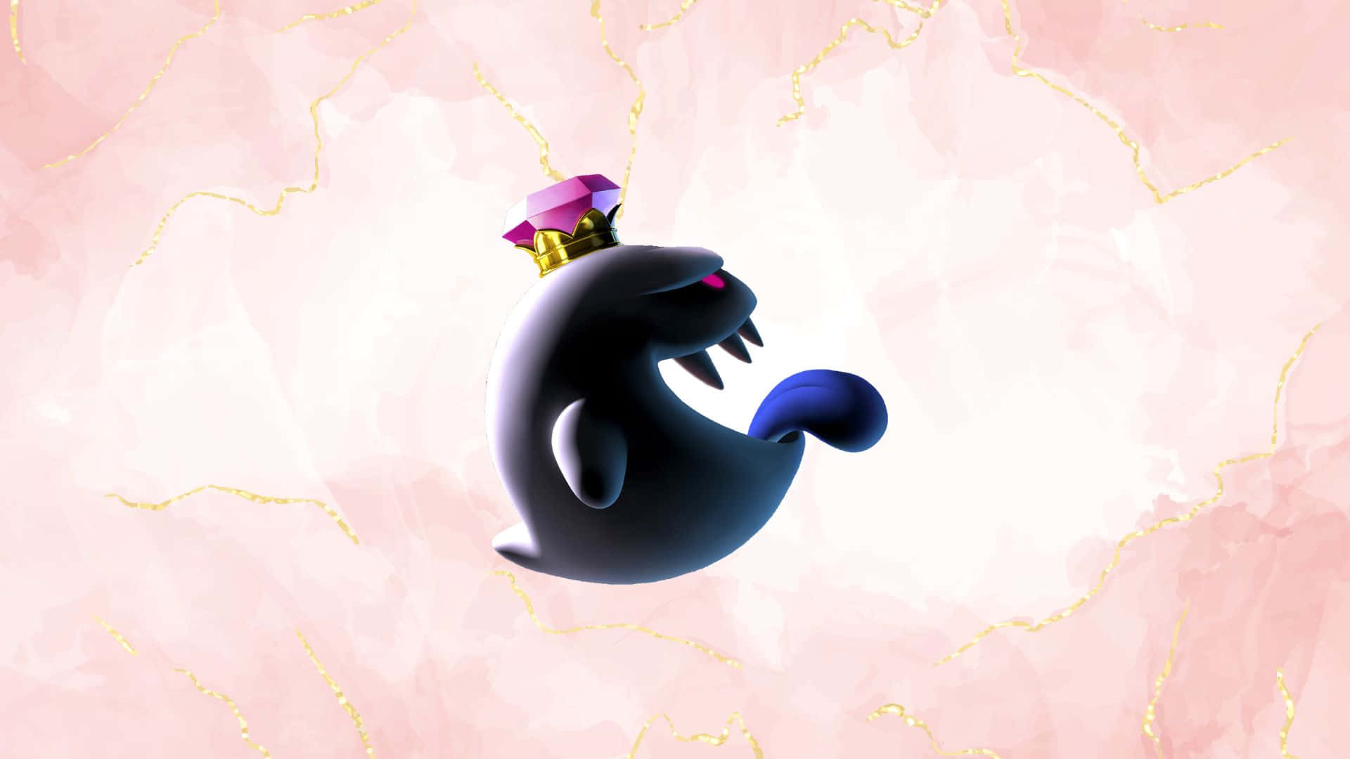 King Boo 桌布 壁紙 — 一個深藍色鬼魂戴著粉紅色寶石皇冠，漂浮在帶有金色紋理的柔和粉紅色大理石背景上。