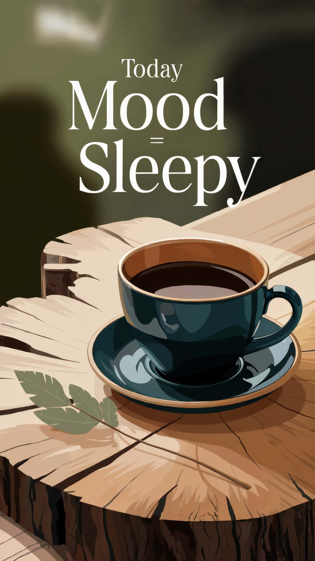 Coffee cup on wooden table with sleepy mood text 壁紙 — 一個深青綠色的咖啡杯放在一個質樸的木樁上，旁邊有一片葉子，在柔和環境光下。