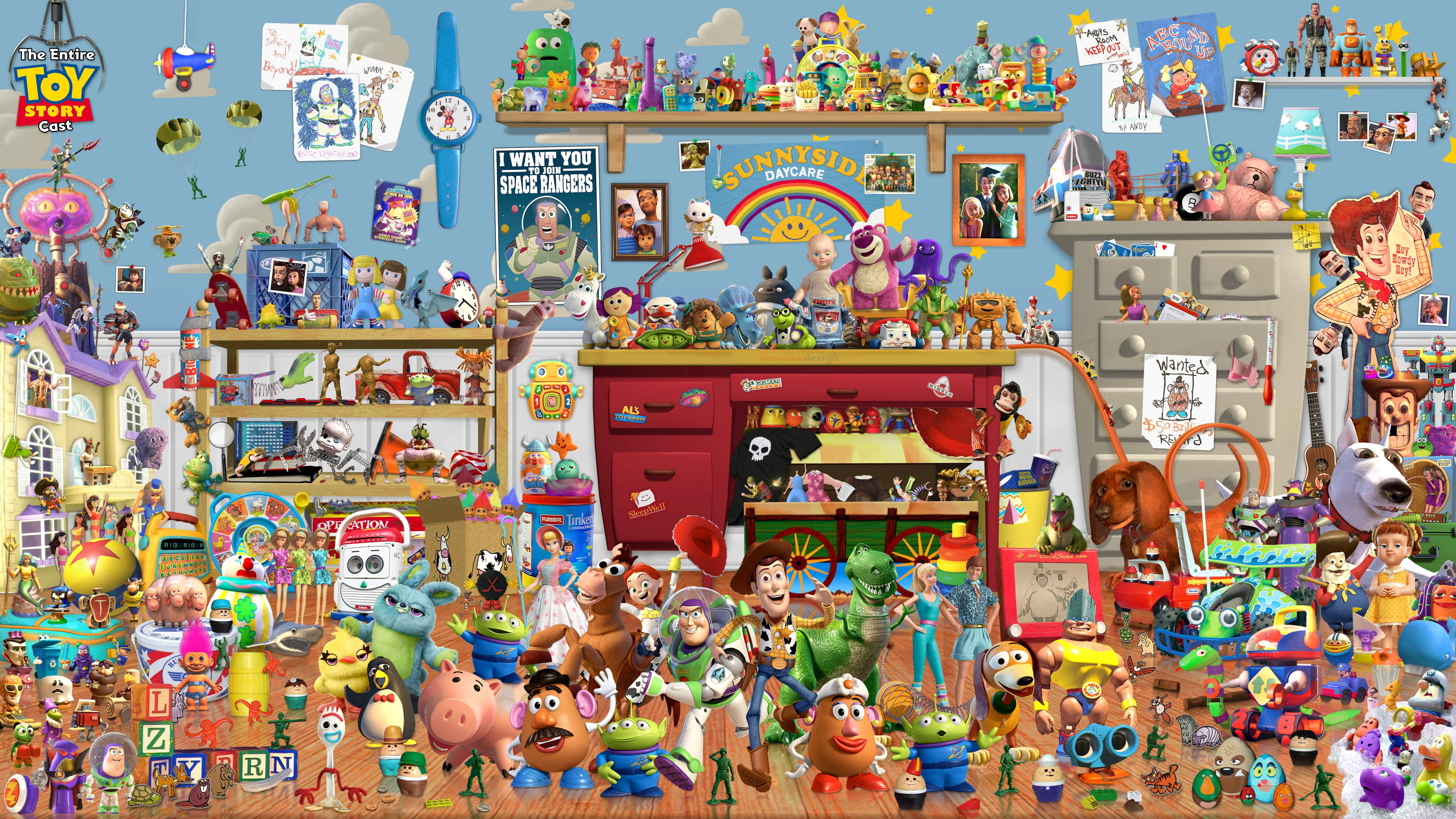 Toy Story 4 桌布 壁紙 — 一個混亂、色彩繽紛、充滿玩具的房間，架子和牆壁上擺滿了《玩具總動員》角色和紀念品。