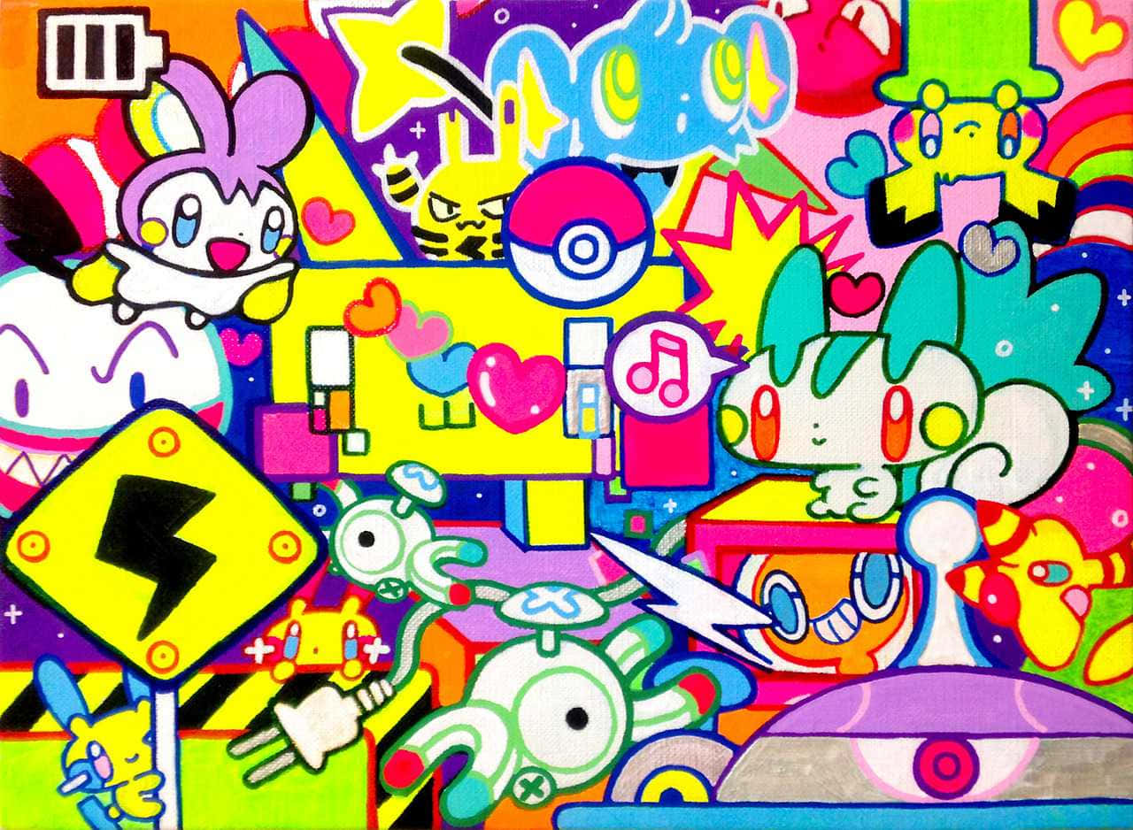 Kidcore Aesthetic 桌布 壁紙 — 一個混亂、色彩繽紛的卡通拼貼畫，充滿了寶可夢角色、心形和霓虹燈符號，以俏皮的數位藝術風格呈現。