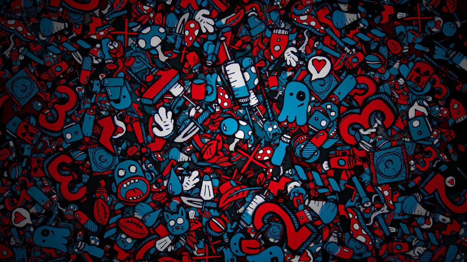 酷 桌布 壁紙 — 一個混亂密集的圖案，由紅色和藍色卡通圖標和符號散佈在深色背景上。