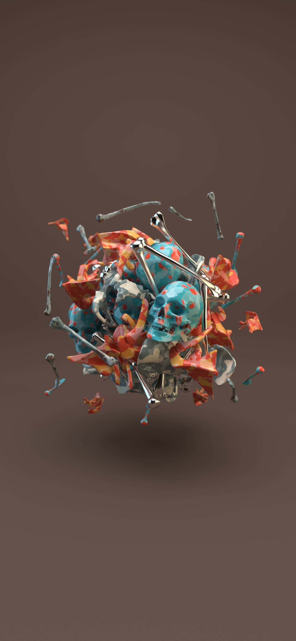 Designer iPhone 桌布 壁紙 — 一個混亂的3D渲染集群，由藍色頭骨和橙紅色碎片組成，懸浮在柔和的棕色背景上。