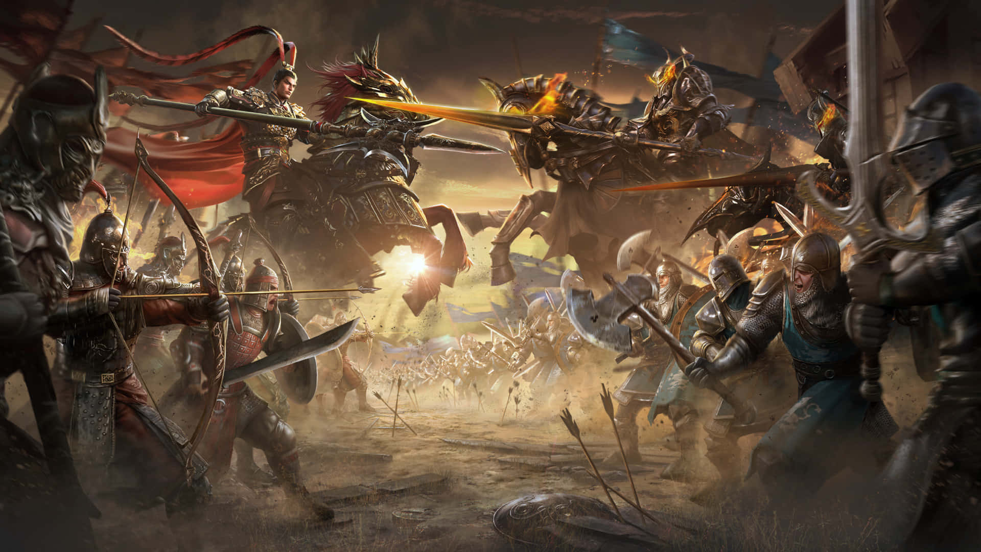 Blood Of Steel 桌布 壁紙 — 一個混亂的中世紀戰場，身穿盔甲的騎士騎在馬上，刀劍交鋒，箭矢在塵埃和煙霧中飛舞。