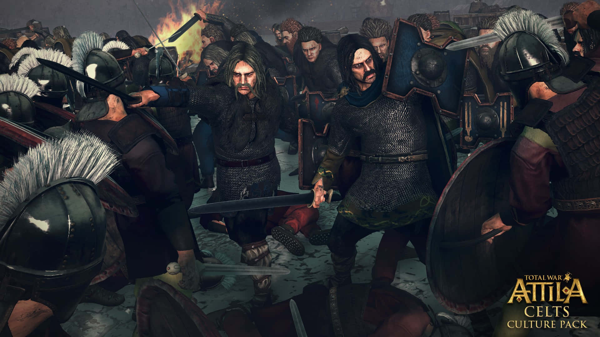Total War Attila 桌布 壁紙 — 一個混亂的中世紀戰鬥場景，身穿盔甲的戰士在煙霧和火焰中揮劍舉盾交鋒。
