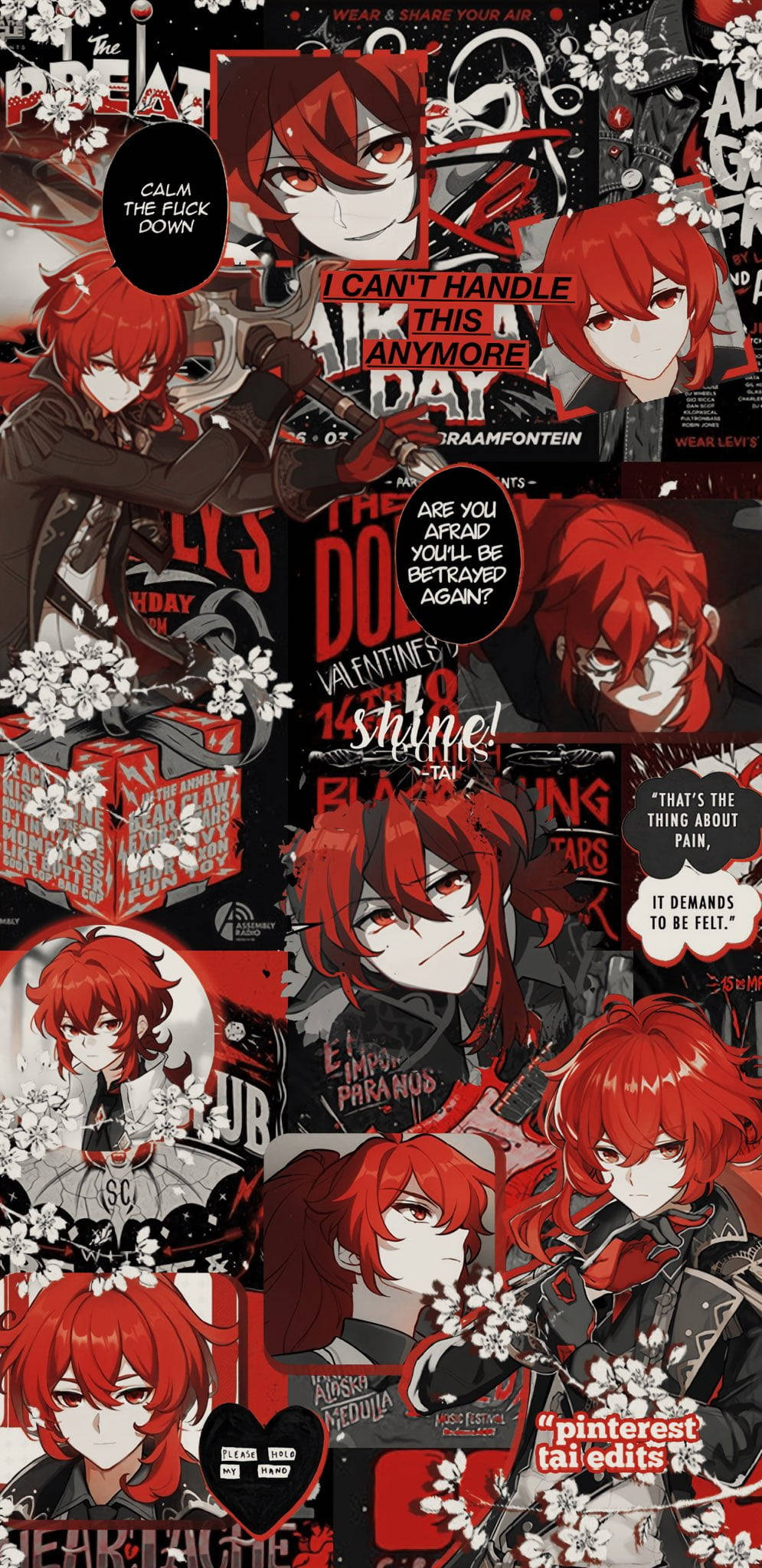 Red Anime 桌布 壁紙 — 一個混亂的動漫拼貼畫， featuring 一個紅髮角色，表情強烈，周圍環繞著粗體文字和深紅色及黑色的櫻花。
