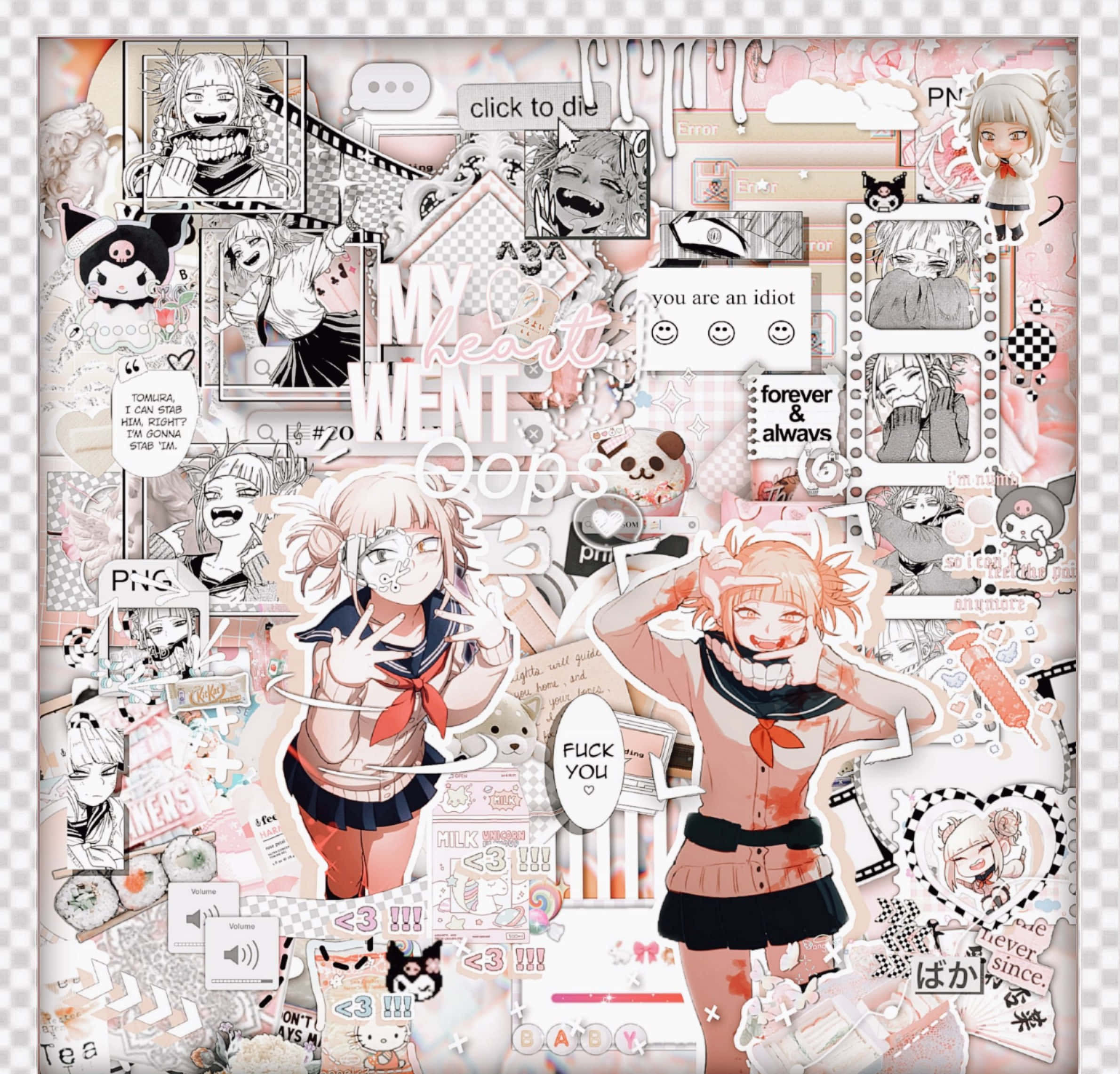 Himiko Toga Aesthetic 桌布 壁紙 — 一個混亂的動漫拼貼畫，帶有粉紅色和白色色調，包含尖叫的角色、文字氣泡和故障數位元素。