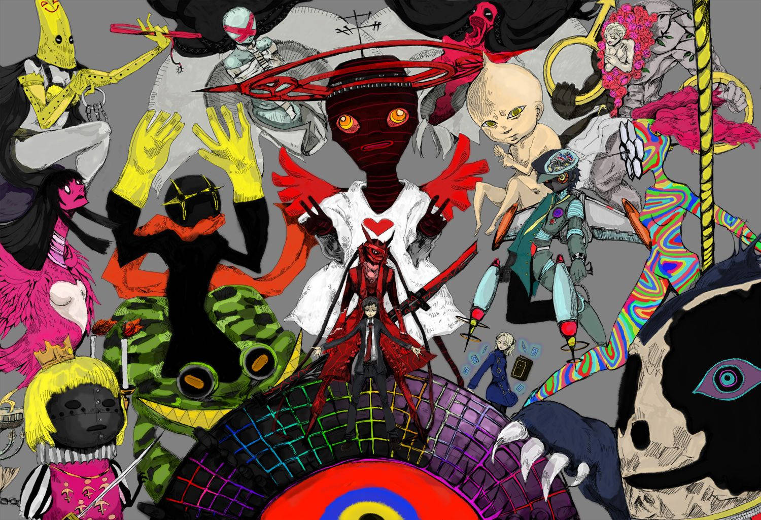 Persona 4 桌布 壁紙 — 一個混亂的動漫拼貼畫，描繪超現實角色，色彩鮮豔，形態怪異，背景為灰色。