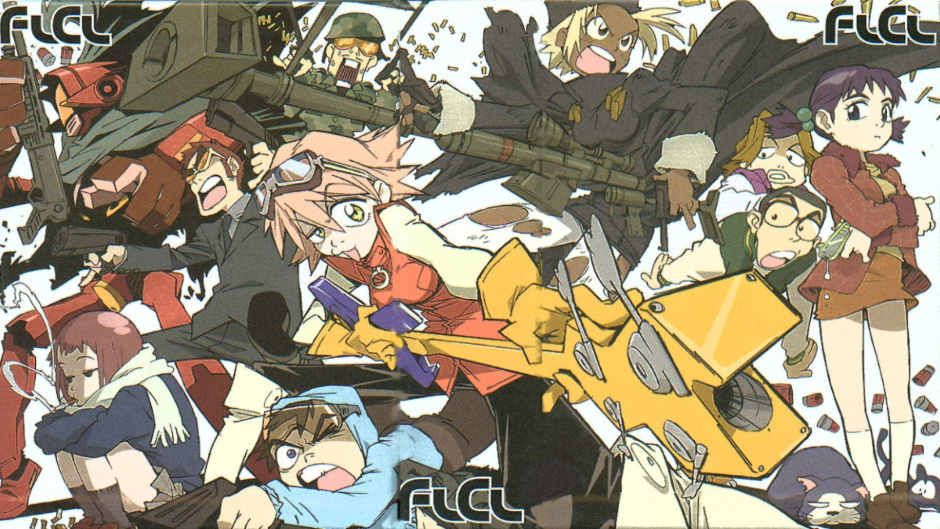 Flcl 桌布 壁紙 — 一個混亂的動漫拼貼畫，角色們揮舞著武器和機械，在一個動態的動作場景中。