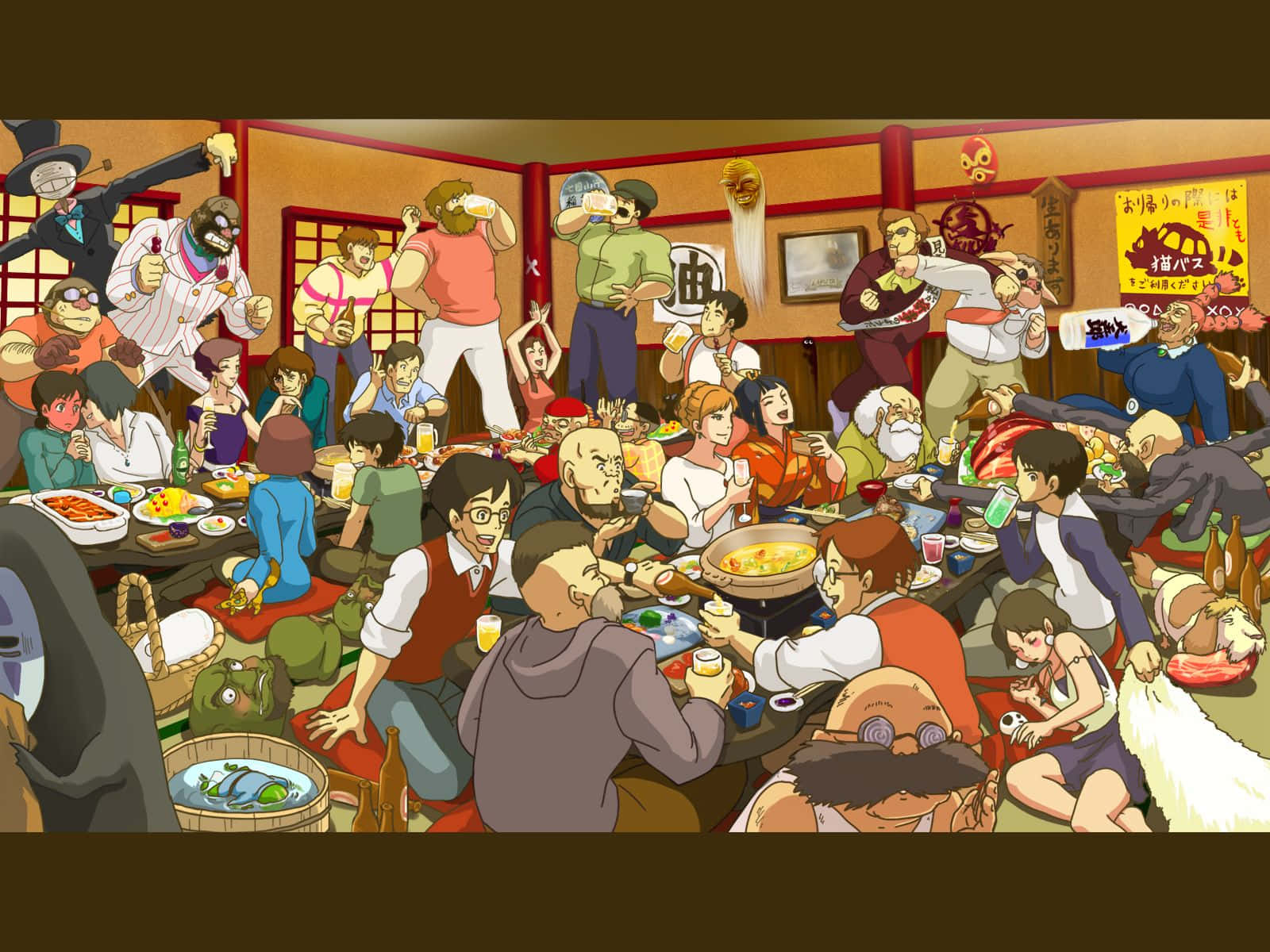 Hayao Miyazaki Movies 桌布 壁紙 — 一個混亂的動漫風格聚會，各種角色在擁擠的日本居酒屋中狂歡，有食物、飲料和誇張的表情。