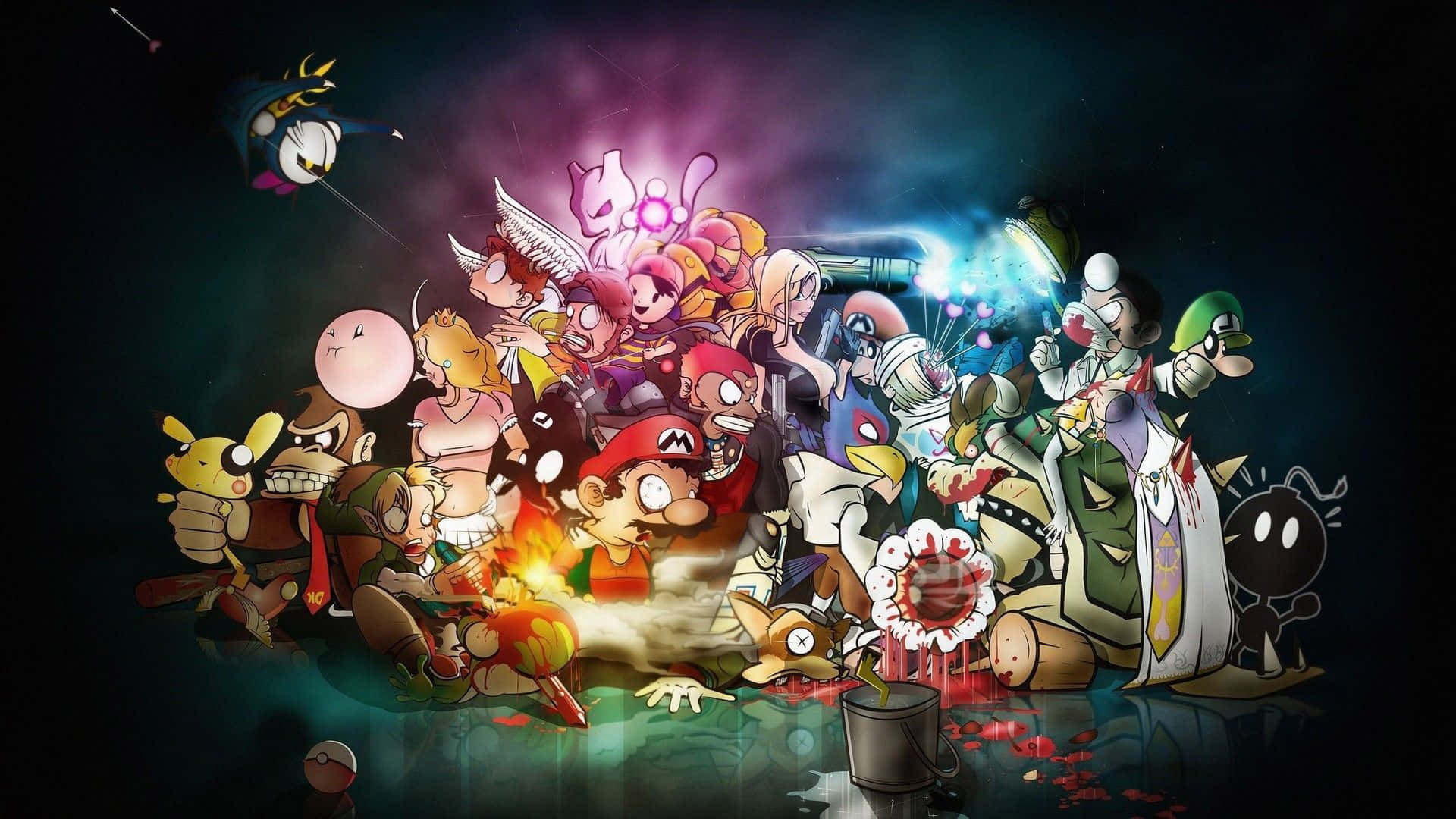 Cartoon Games 桌布 壁紙 — 一個混亂的動漫風格電子遊戲角色聚會，在黑暗、發光、超現實的場景中，色彩鮮豔，姿勢動感。