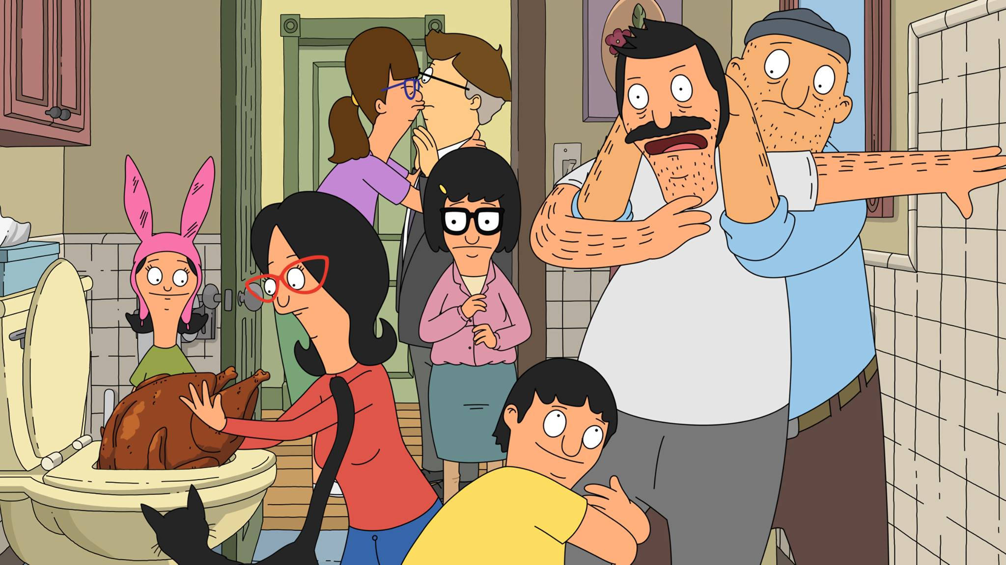 bobs burgers 桌布 壁紙 — 一個混亂的動畫家庭場景，火雞坐在馬桶裡，角色們以震驚和幽默反應。