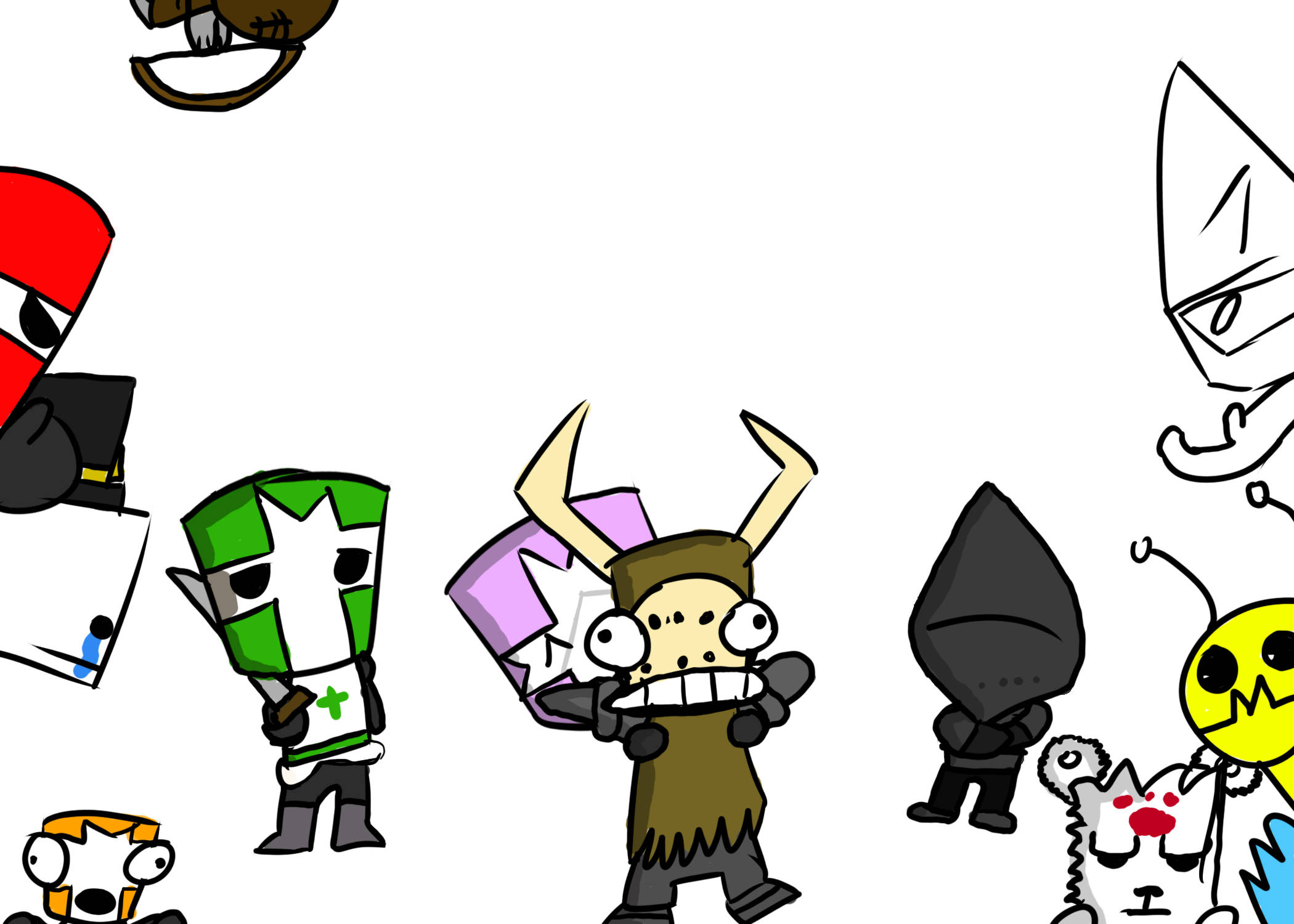 Castle Crashers 桌布 壁紙 — 一個混亂的卡通場景，有風格化的塊狀角色，包括維京人、騎士和外星人，漂浮在純白色背景上。