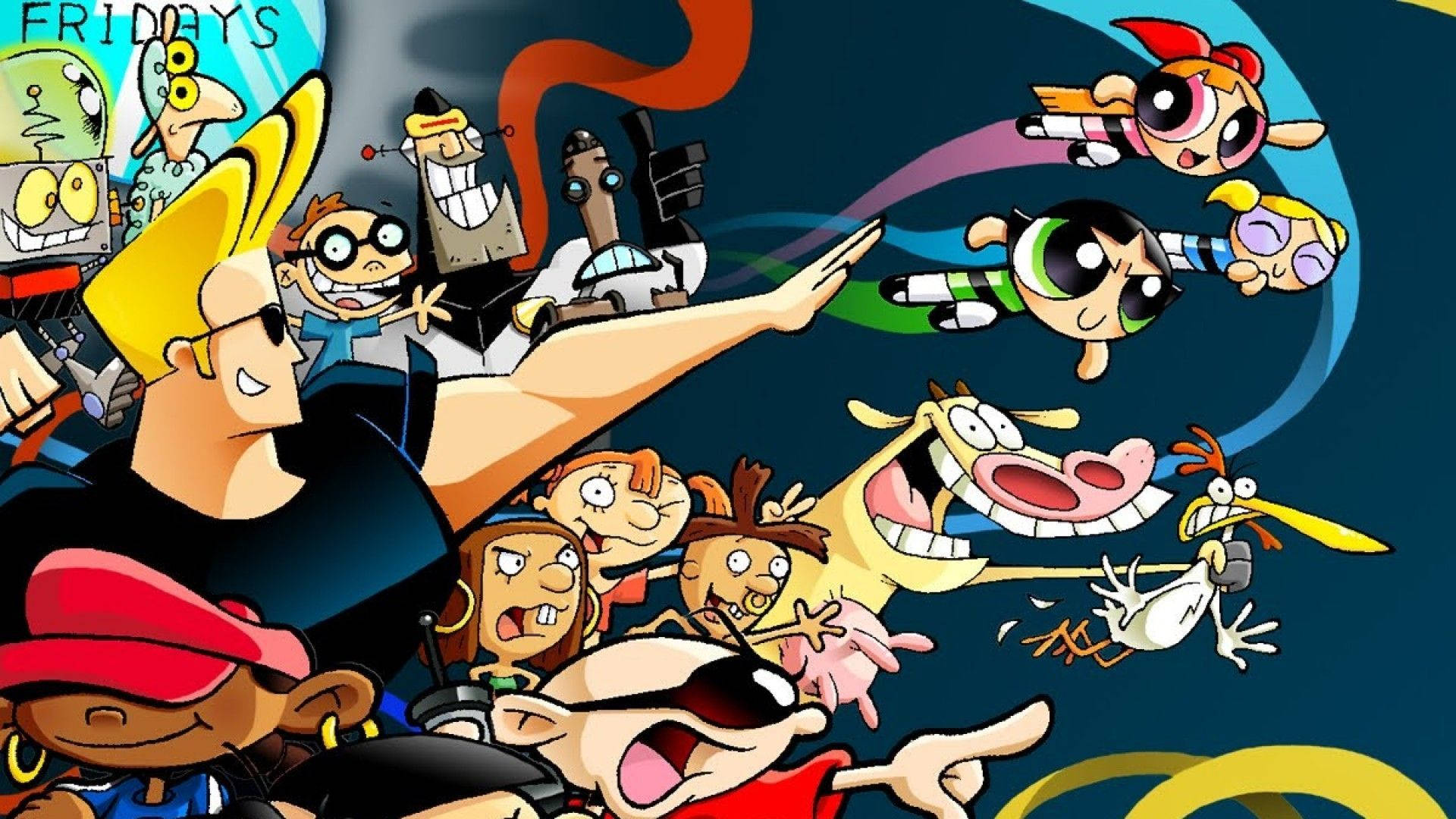 Cartoon Network Characters 桌布 壁紙 — 一個混亂的卡通拼貼畫，包含來自不同節目的動畫角色，在深藍色背景上指著並大笑。