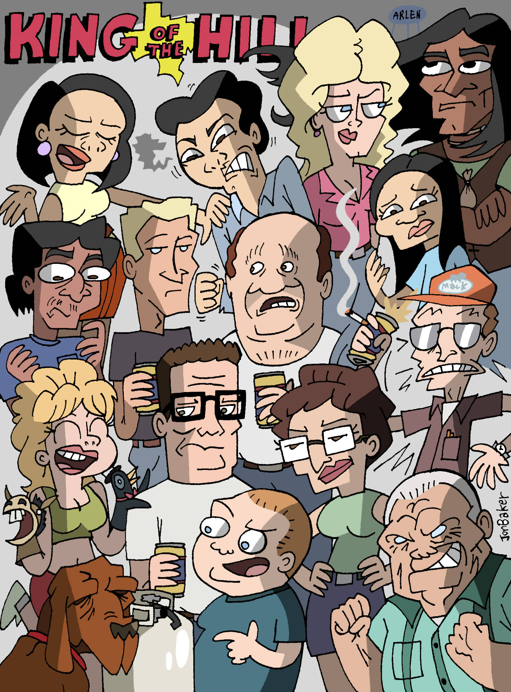 山丘之王 桌布 壁紙 — 一個混亂的卡通拼貼畫，描繪《King of the Hill》角色誇張的表情和動態姿勢。