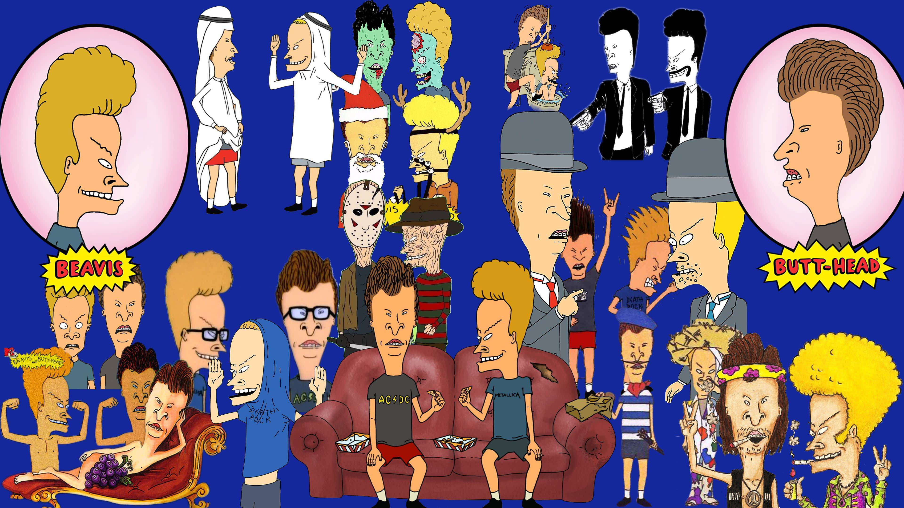 Beavis 桌布 壁紙 — 一個混亂的卡通拼貼畫，描繪了Beavis和Butt-Head以及他們古怪的朋友在雜亂的客廳裡。