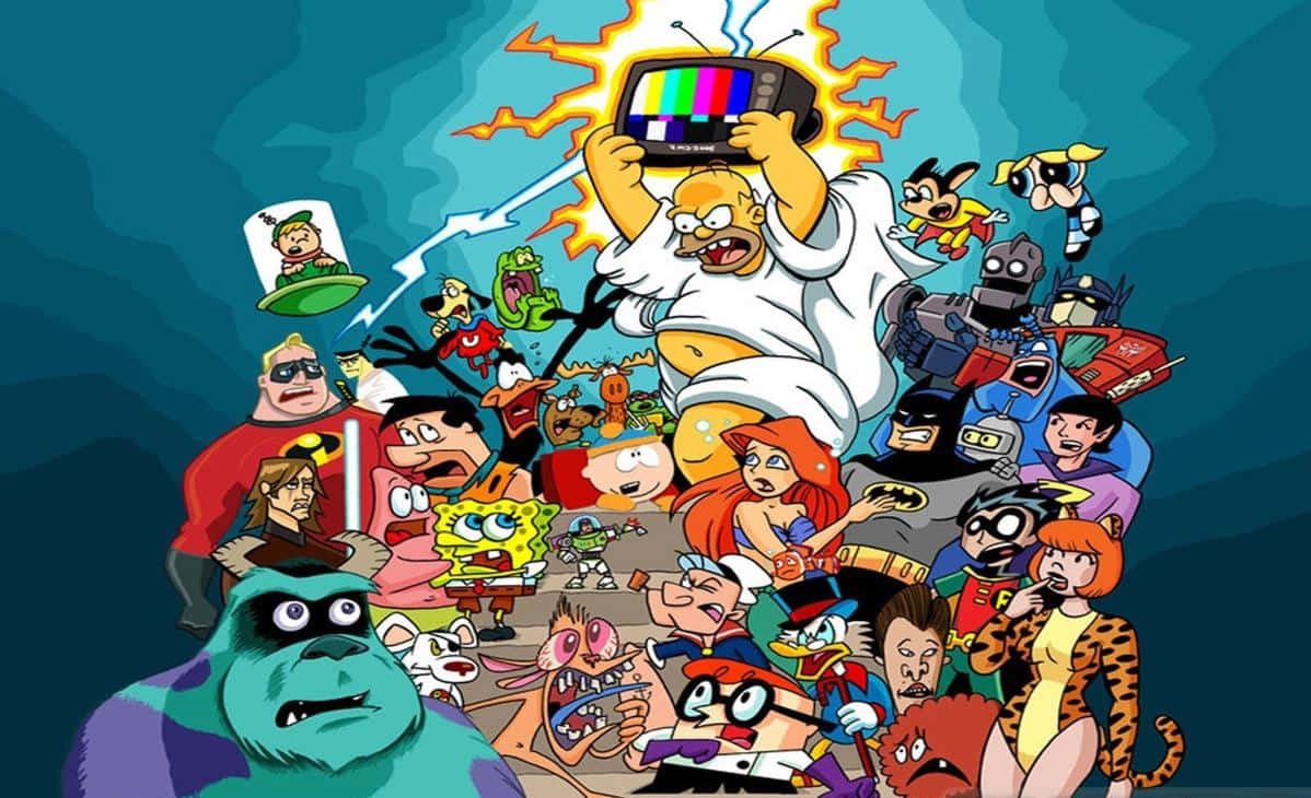 Cartoon Heroes 桌布 壁紙 — 一個混亂的卡通拼貼畫，描繪了標誌性動畫角色聚集在一台閃爍著火花並發出彩虹靜電的電視周圍。