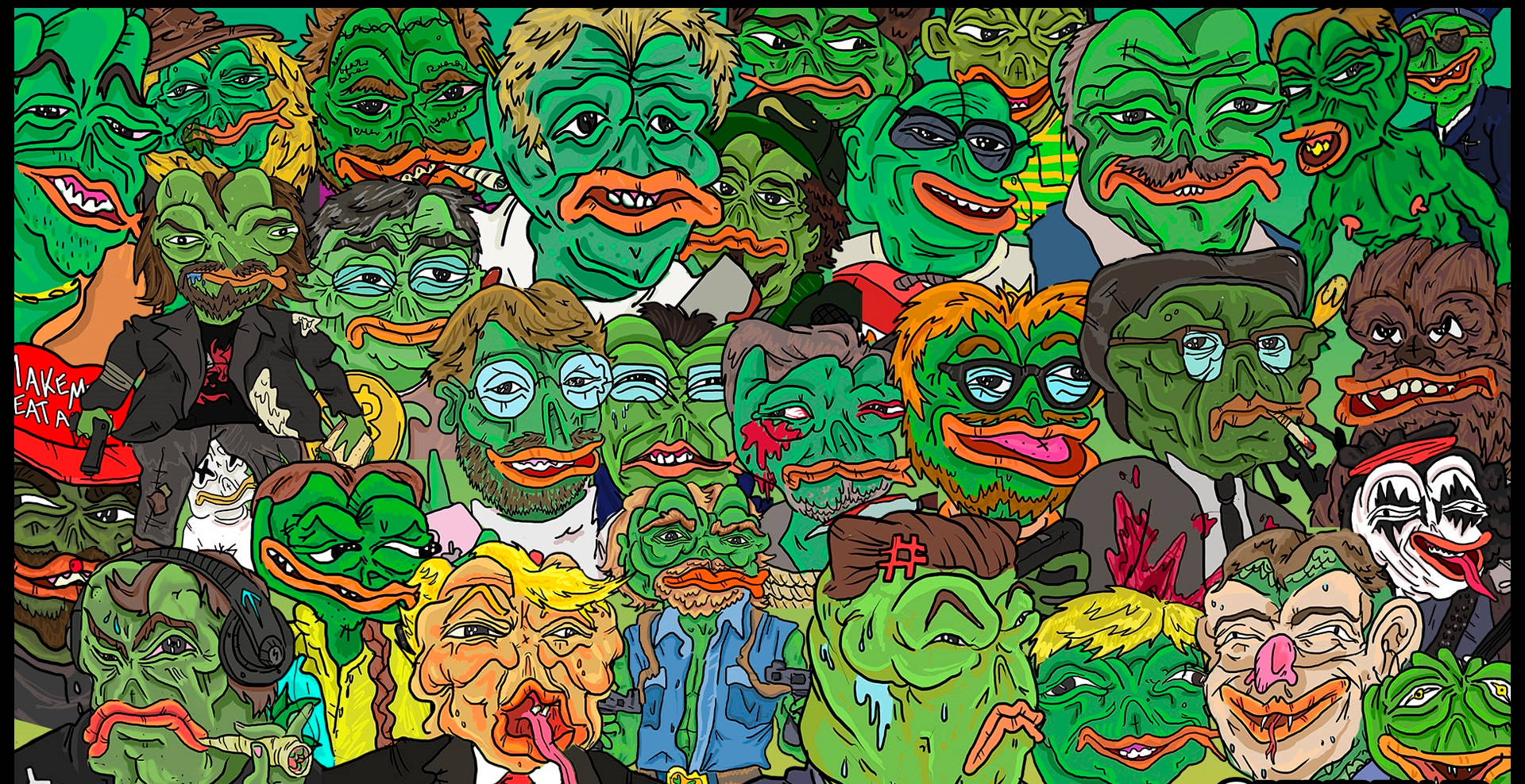 Pepe 桌布 壁紙 — 一個混亂的卡通拼貼畫，描繪了綠色 Pepe the Frog 角色穿著各種服裝和表情。