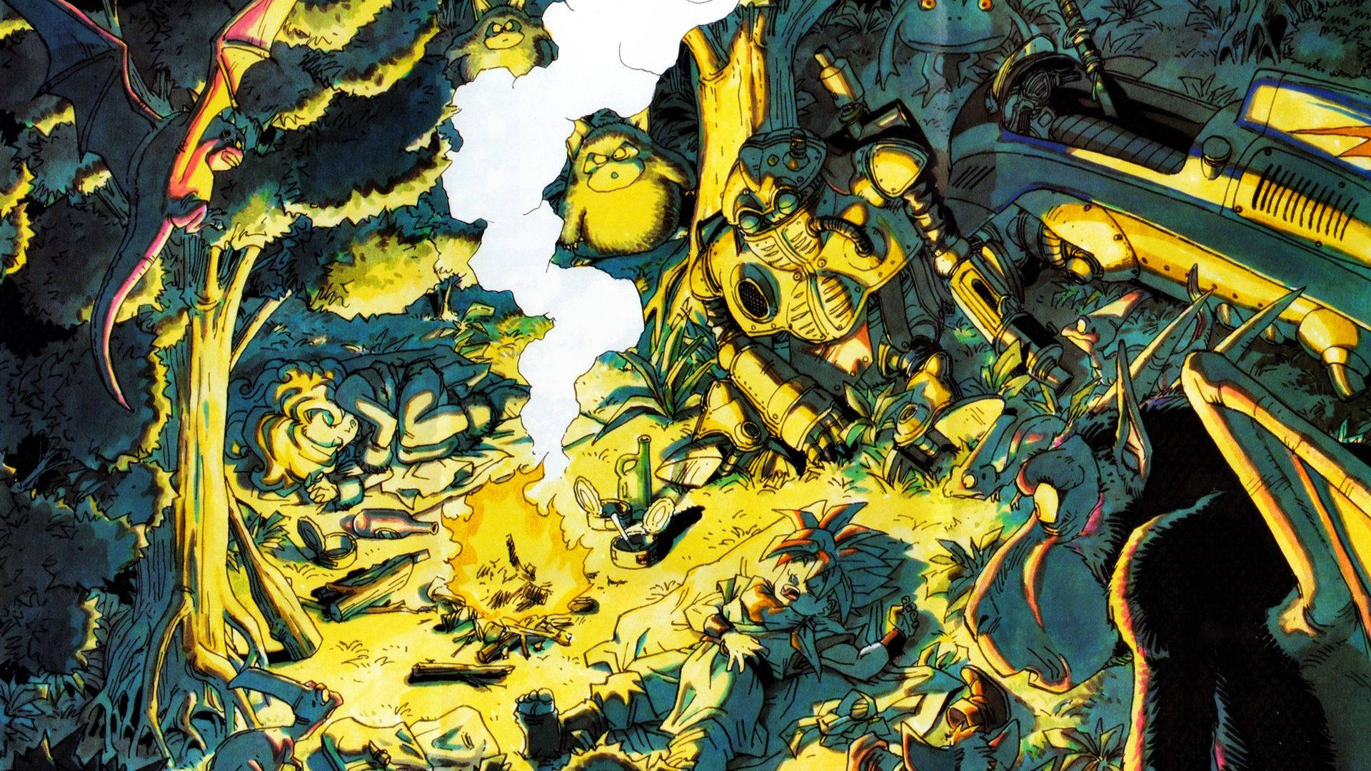 Chrono 桌布 壁紙 — 一個混亂的叢林戰鬥場景，有裝甲戰士和怪物在破碎的天空下。