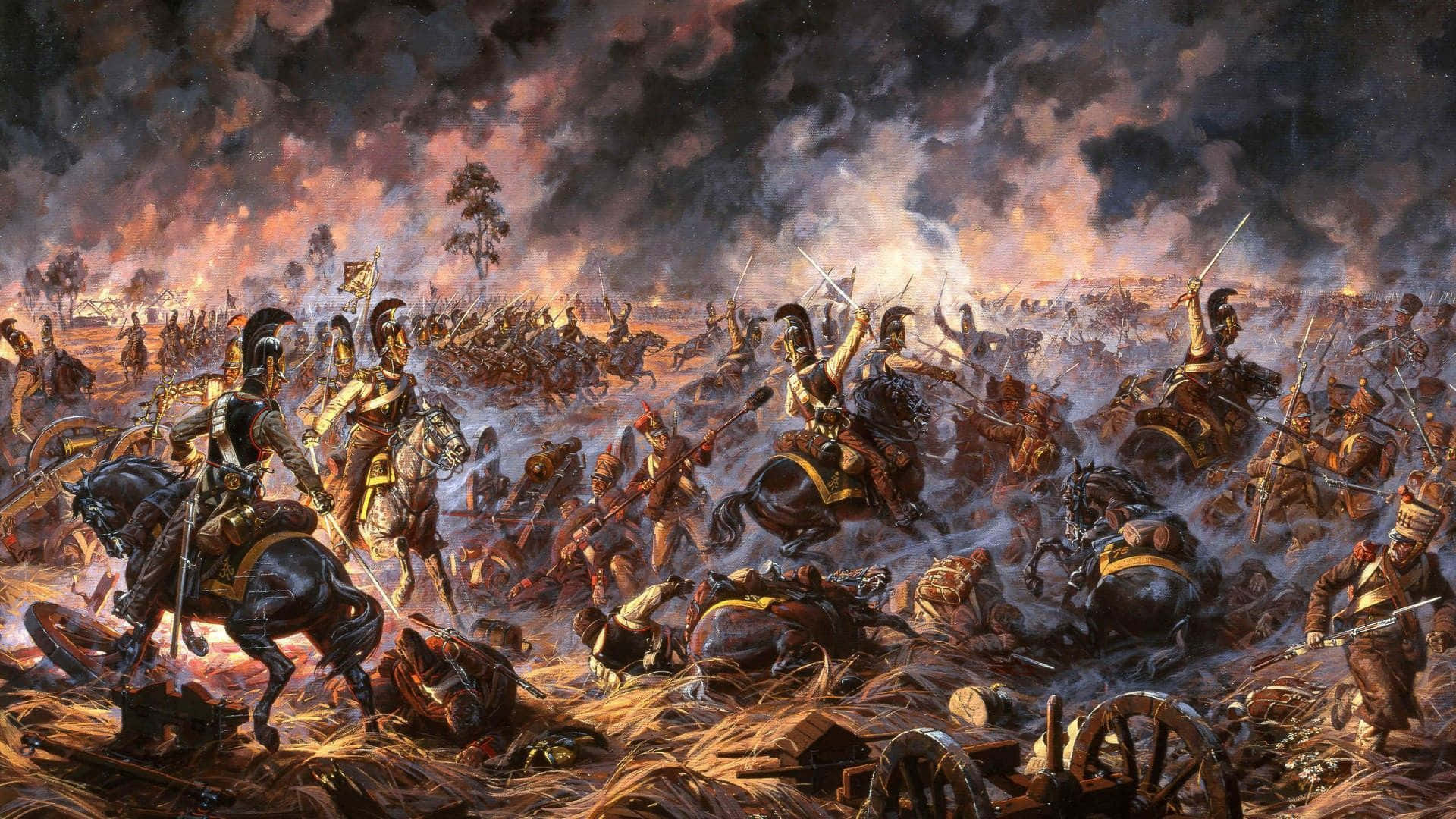 Painting 桌布 壁紙 — 一個混亂的古代戰場，騎兵和步兵在充滿煙霧和火焰的天空下交戰。