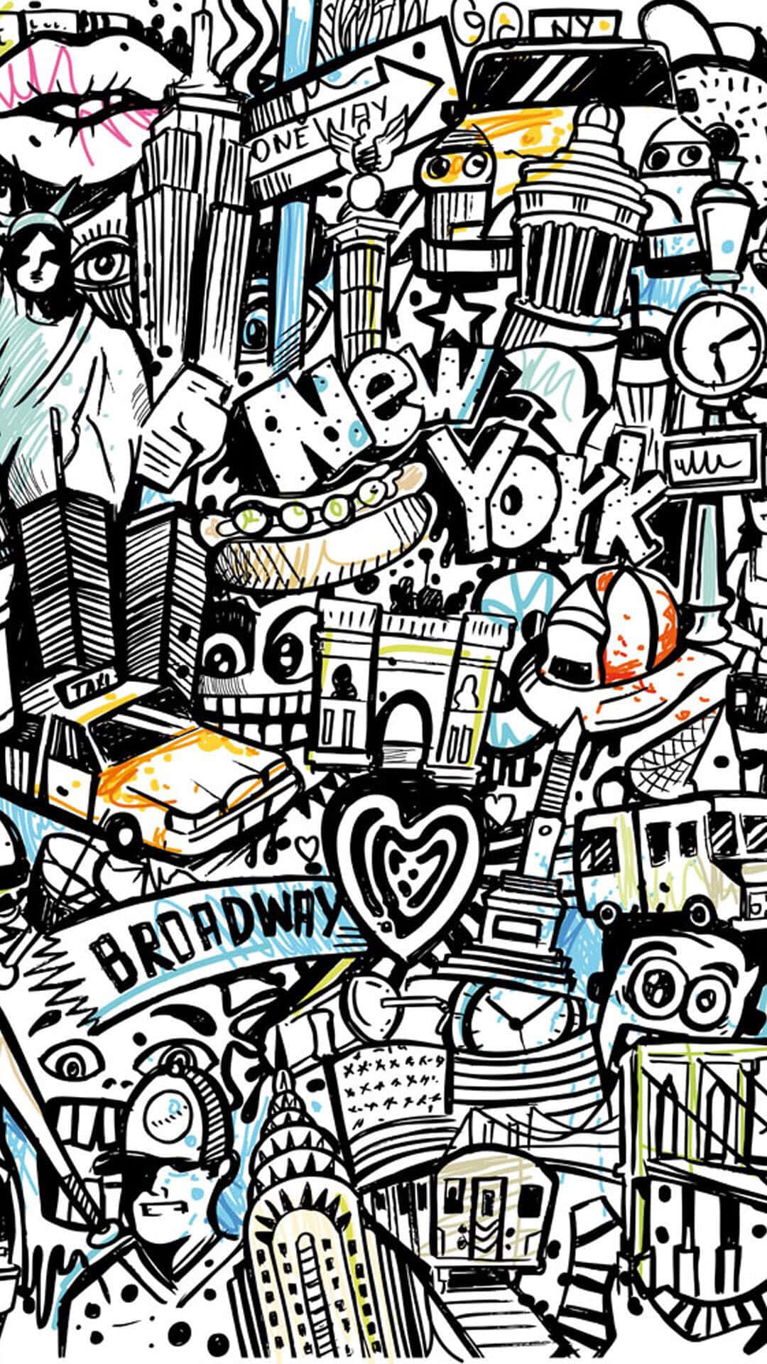 Illustration 桌布 壁紙 — 一個混亂的塗鴉拼貼畫，包含紐約市的標誌性元素，如計程車、摩天大樓和百老匯標誌，採用大膽的黑白配色，並點綴黃色和藍色。