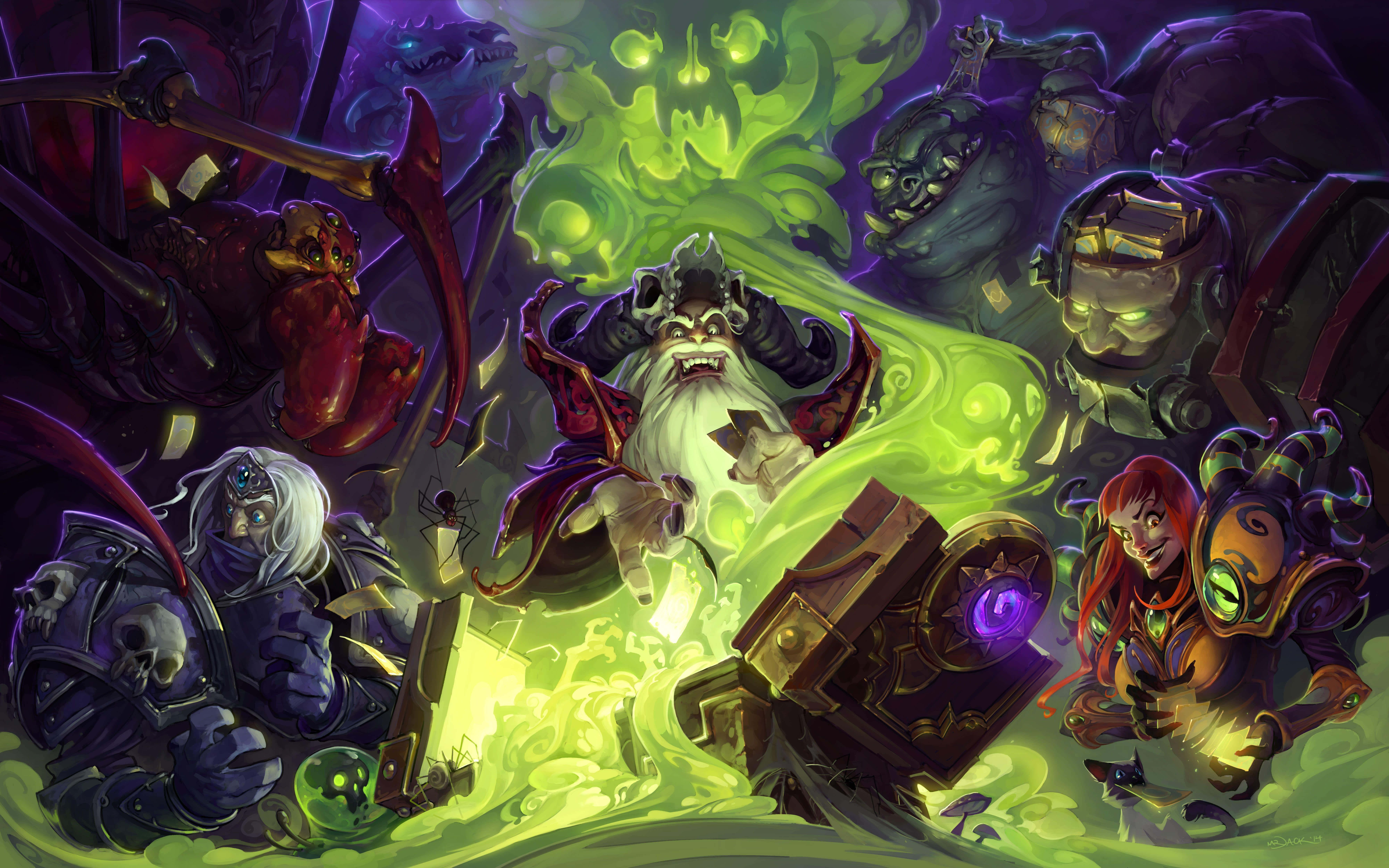 Hearthstone 桌布 壁紙 — 一個混亂的奇幻戰鬥場景，中央巫師釋放綠色魔法，周圍環繞著威脅性的生物和裝甲戰士。