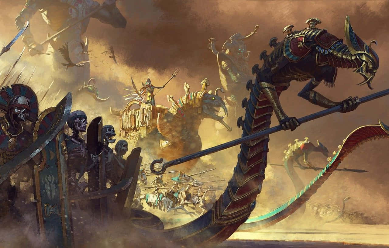 Total War Warhammer 2 桌布 壁紙 — 一個混亂的奇幻戰鬥場景，有骷髏戰士在戰車上，以及一條巨大的裝甲蛇在旋轉的塵埃中揮舞長矛。