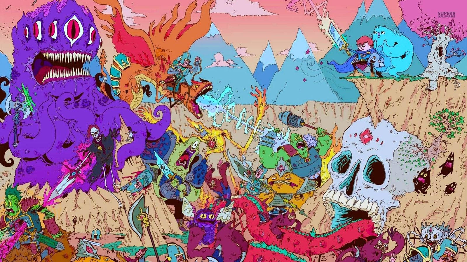 Cartoon Network Characters 桌布 壁紙 — 一個混亂的奇幻戰鬥場景，色彩繽紛的卡通怪物和英雄在懸崖頂上對抗夕陽天空。