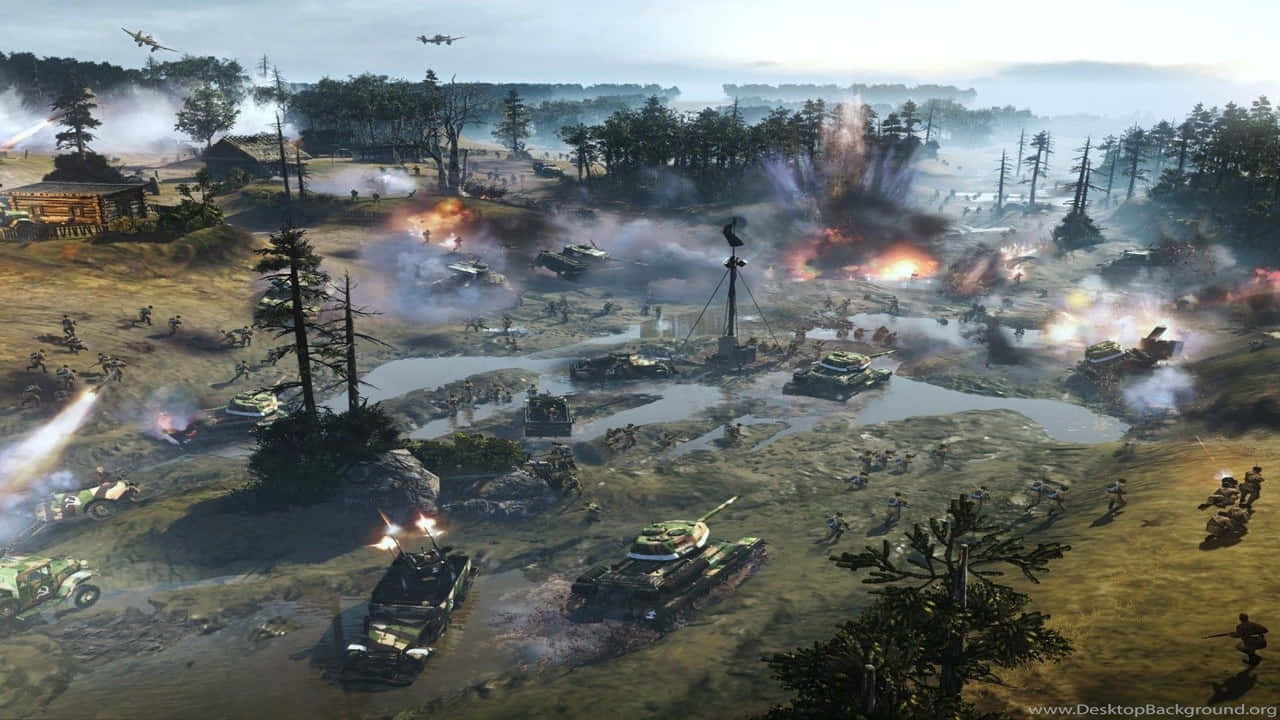 720p Company Of Heroes 2 桌布 壁紙 — 一個混亂的戰場，坦克、士兵和飛機在森林景觀中，在煙霧和爆炸中進行激烈的戰鬥。