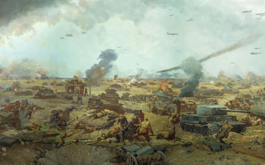 Painting 桌布 壁紙 — 一個混亂的戰場，坦克、士兵和飛機在煙霧和爆炸中，天空多雲。