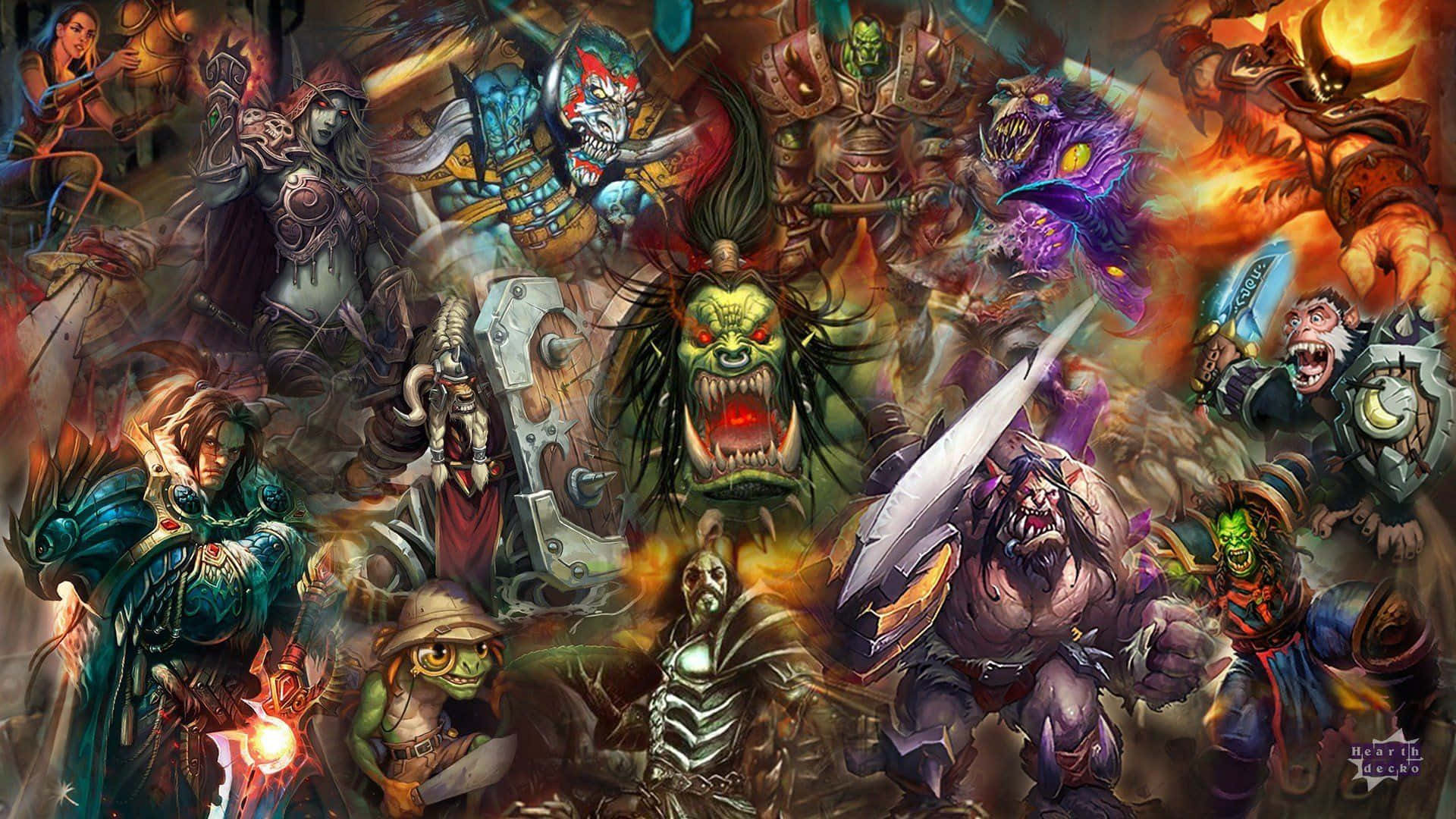 魔獸世界 桌布 壁紙 — 一個混亂的戰鬥場景，包含各種奇幻戰士和怪物，在火焰和黑暗的戰鬥中。