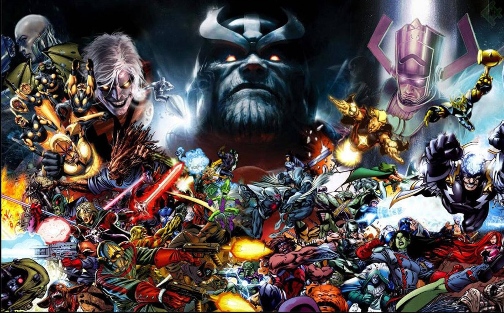 Villains 桌布 壁紙 — 一個混亂的戰鬥場景，眾多超級英雄和反派以能量爆炸和戲劇性燈光碰撞。