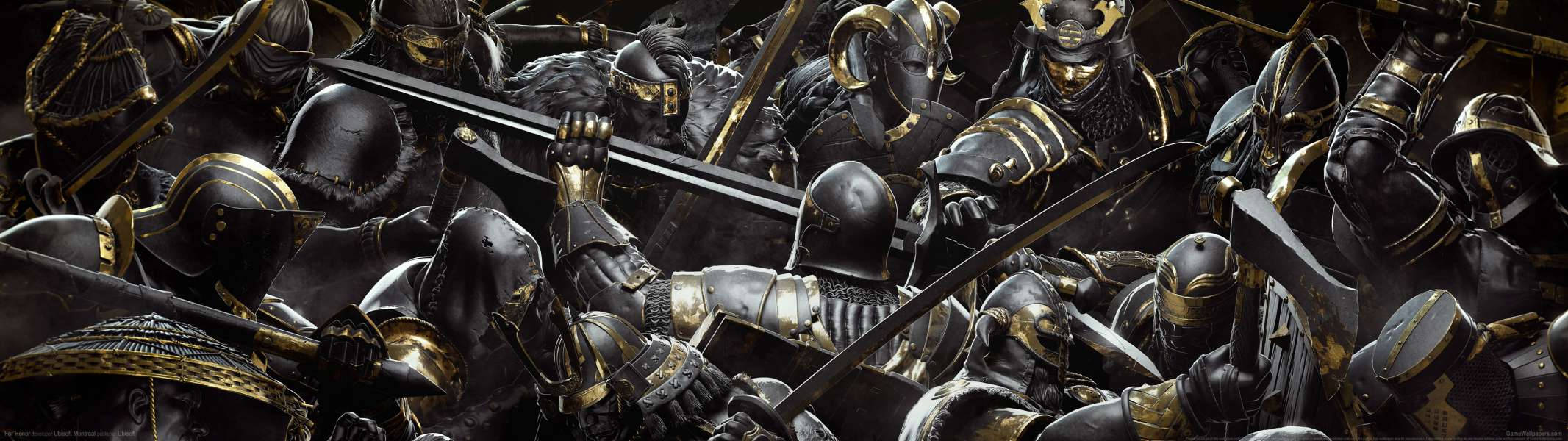Screen 桌布 壁紙 — 一個混亂的戰鬥場景，身穿黑色和金色盔甲的武士用劍和長矛交鋒。