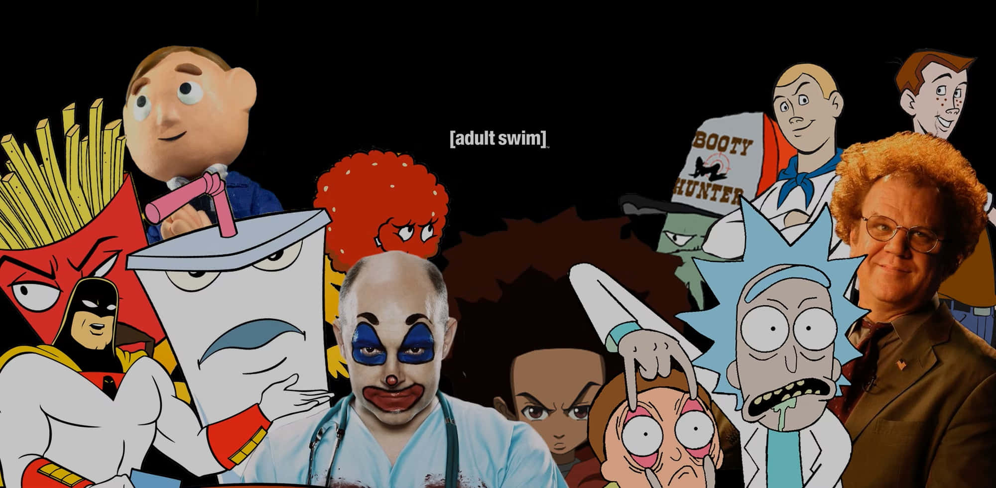 adult swim 桌布 壁紙 — 一個混亂的拼貼畫，包含Adult Swim卡通角色和真人，背景為黑色。