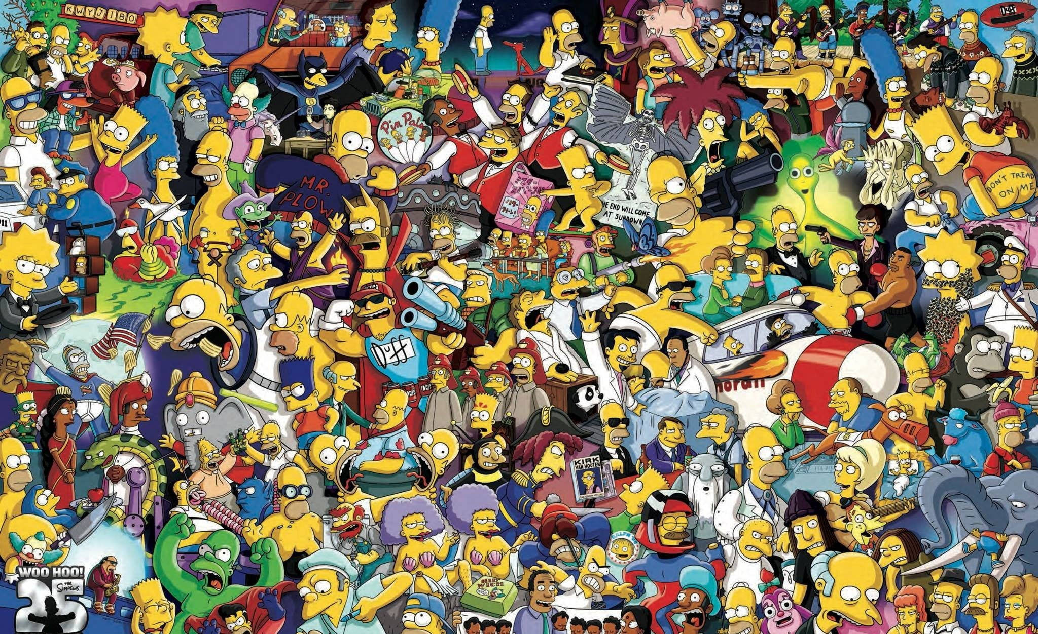 Homer Simpson 桌布 壁紙 — 一個混亂的拼貼畫，包含數百個《辛普森家庭》角色，以鮮豔、卡通化的姿勢分佈在密集、色彩繽紛的場景中。