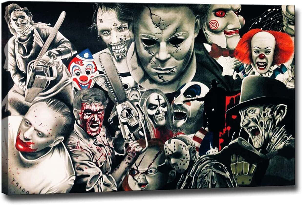 Horror Icons 桌布 壁紙 — 一個混亂的拼貼畫，包含標誌性恐怖電影反派，包括Michael Myers、Jason Voorhees和Pennywise，以粗獷細緻的藝術風格呈現。