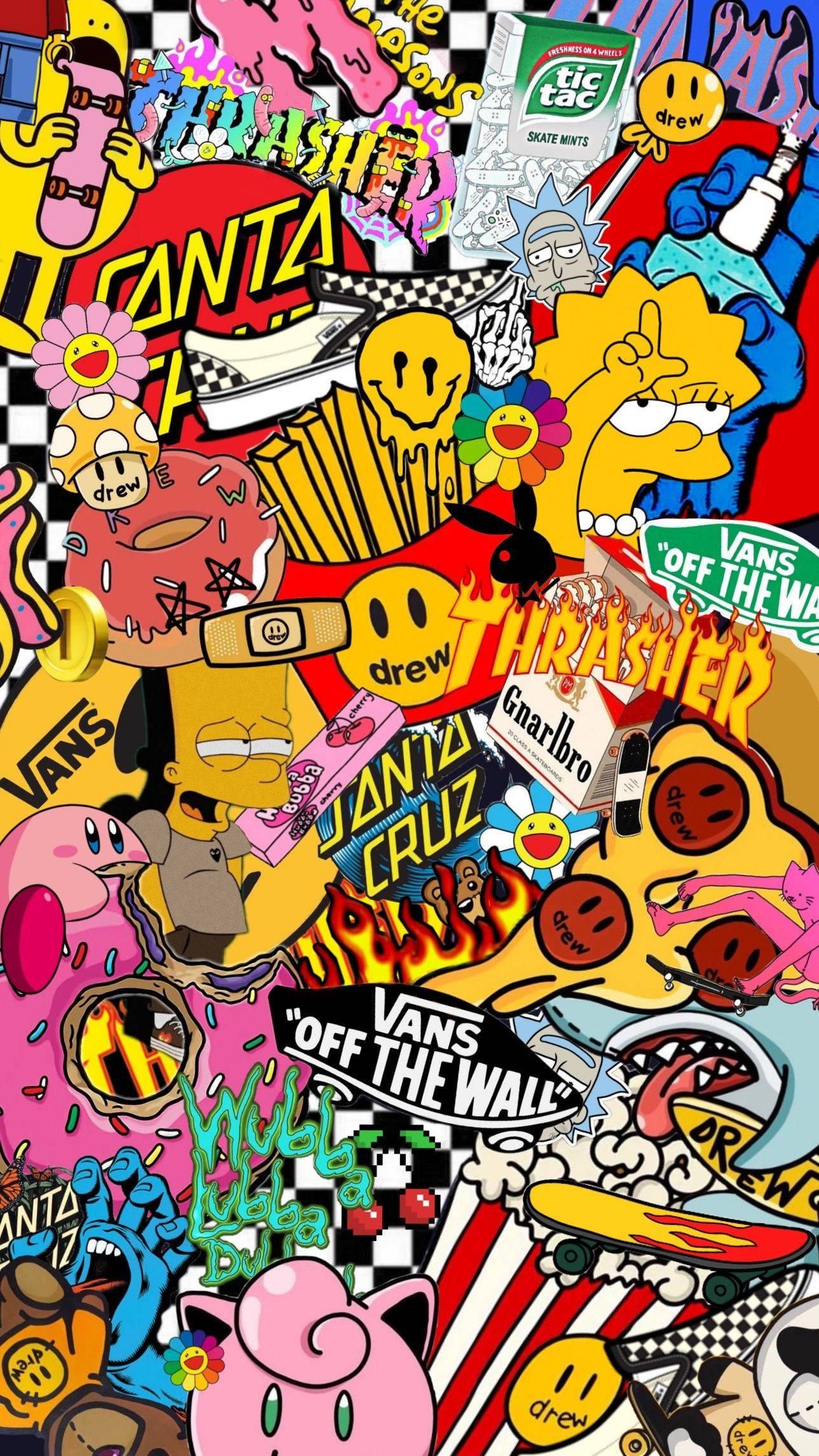 Thrasher 桌布 壁紙 — 一個混亂的拼貼畫，包含流行文化圖標、標誌和卡通角色，以鮮豔的霓虹色彩呈現在格子背景上。
