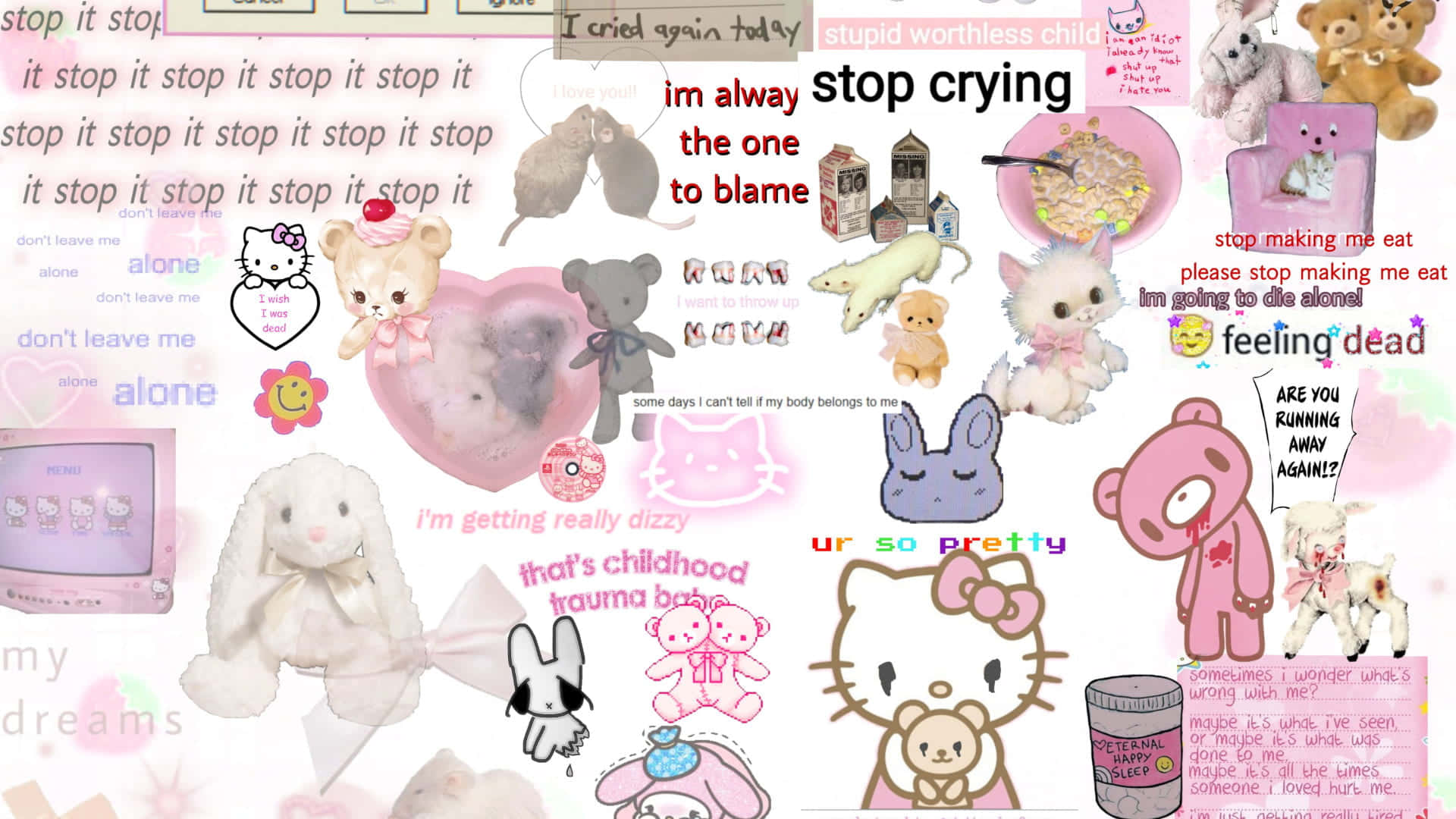 怪核 桌布 壁紙 — 一個混亂的拼貼畫，包含粉紅色毛絨玩具、Hello Kitty 和手寫文字，表達情感困擾和孤獨。