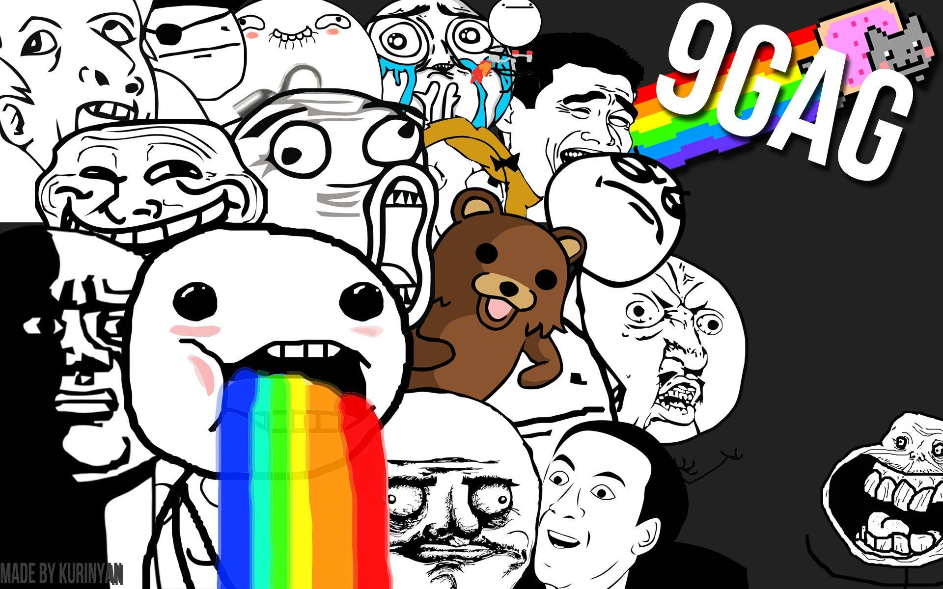 meme 桌布 壁紙 — 一個混亂的拼貼畫，包含網路迷因和角色，帶有彩虹嘔吐效果和「9CAG」文字。