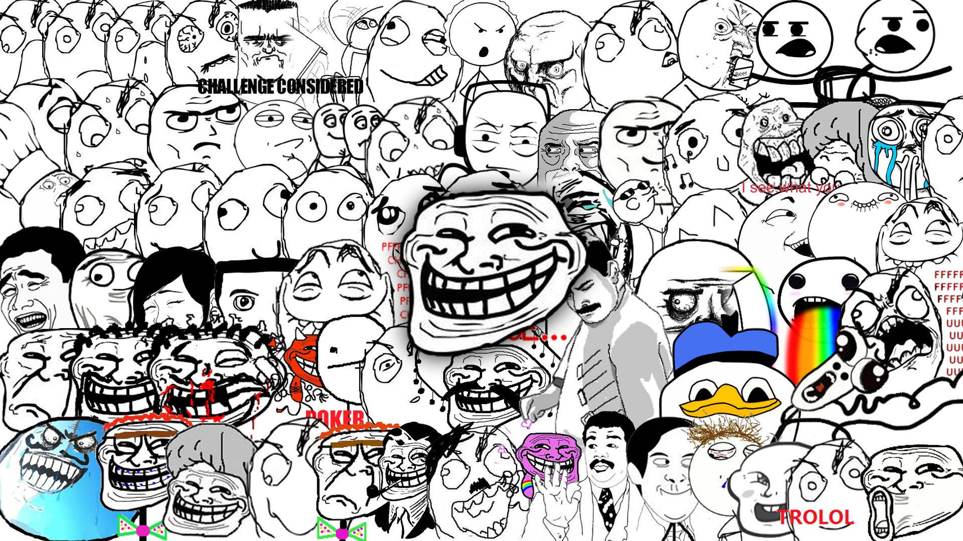 Troll Face 桌布 壁紙 — 一個混亂的拼貼畫，包含網路迷因和卡通面孔，帶有誇張的表情和文字疊加。