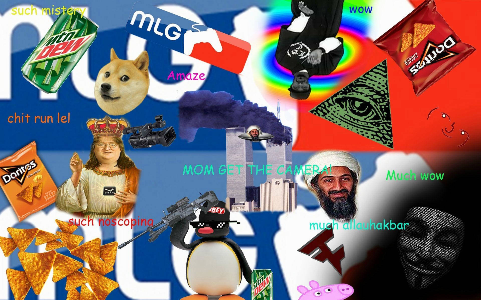 Mlg 桌布 壁紙 — 一個混亂的拼貼畫，包含網路迷因和流行文化圖標，包括 Doge、MLG、Doritos 和光明會之眼。