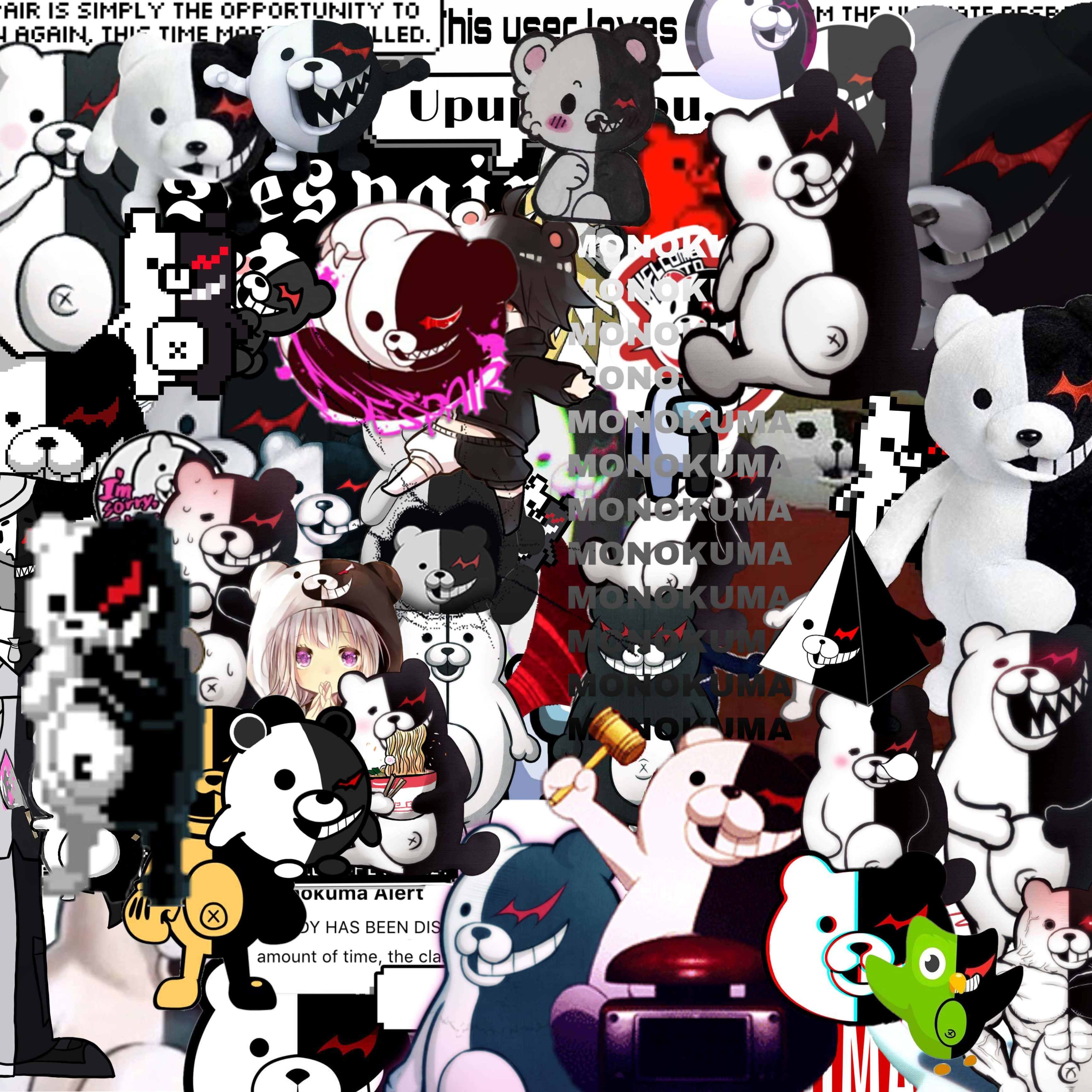 monokuma 桌布 壁紙 — 一個混亂的拼貼畫，包含黑、白、紅色的 Danganronpa Monokuma 角色，並帶有故障文字疊加。
