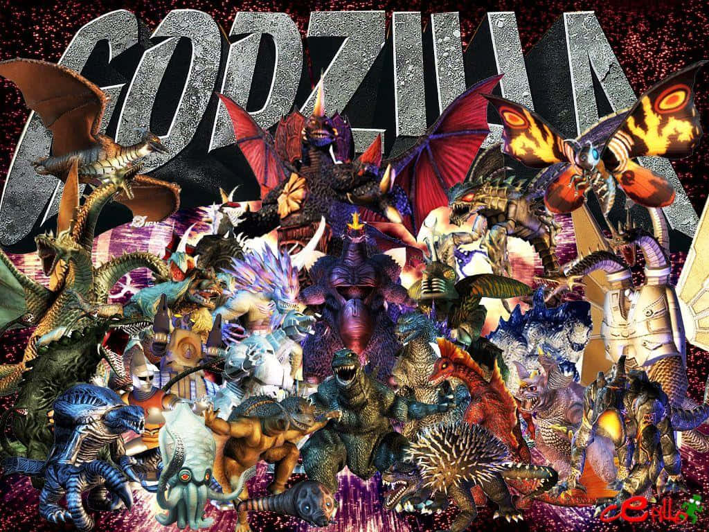 Burning Godzilla 桌布 壁紙 — 一個混亂的拼貼畫，哥吉拉和怪獸從閃爍的宇宙背景中爆發出來，下方是一個巨大的金屬GODZILLA標誌。