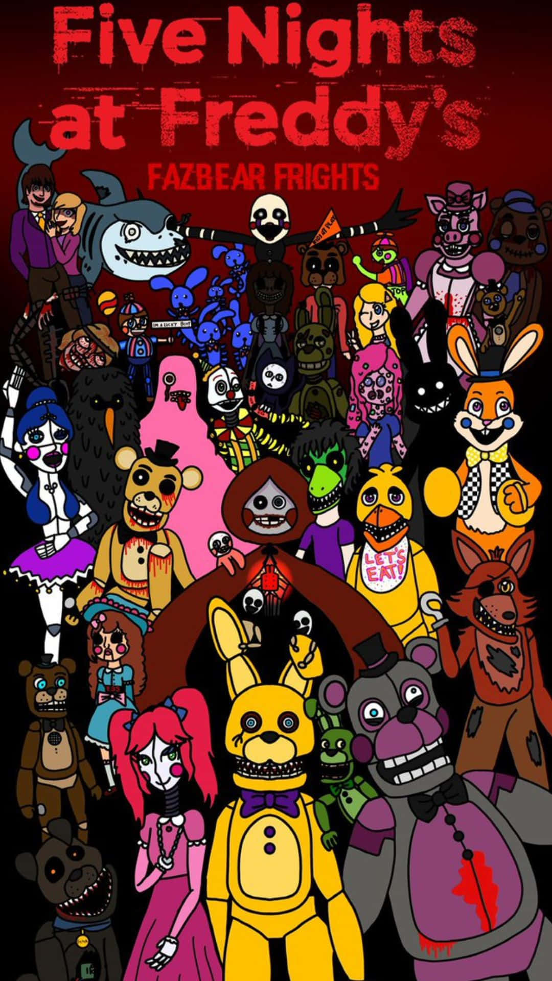 Fazbear Frights 桌布 壁紙 — 一個混亂的拼貼畫，描繪了《Five Nights at Freddy's》中的機械動物角色，背景為血紅色。