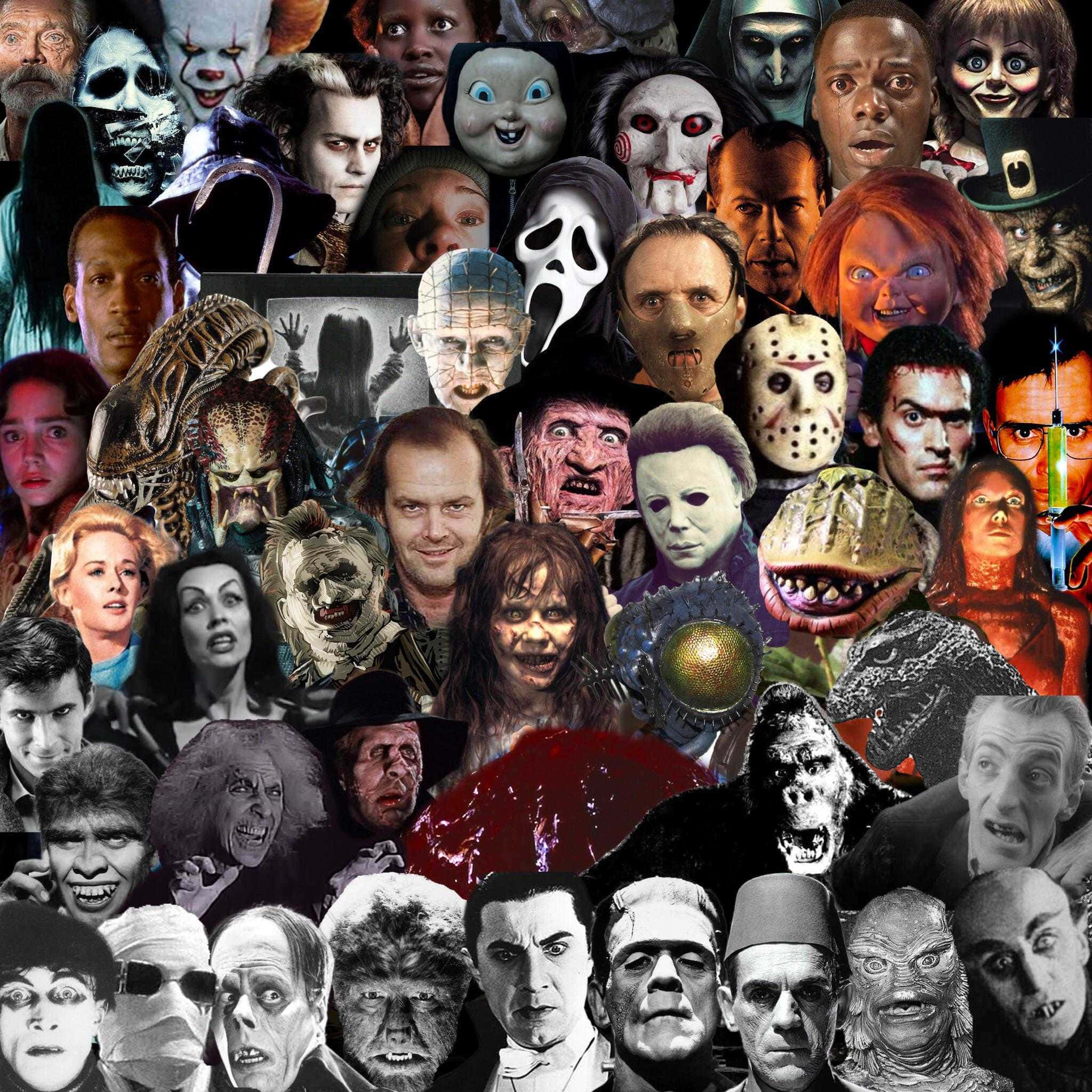 Horror Icons 桌布 壁紙 — 一個混亂的拼貼畫，描繪了標誌性的恐怖電影反派和怪物，帶有怪誕的表情和鮮豔的色彩。