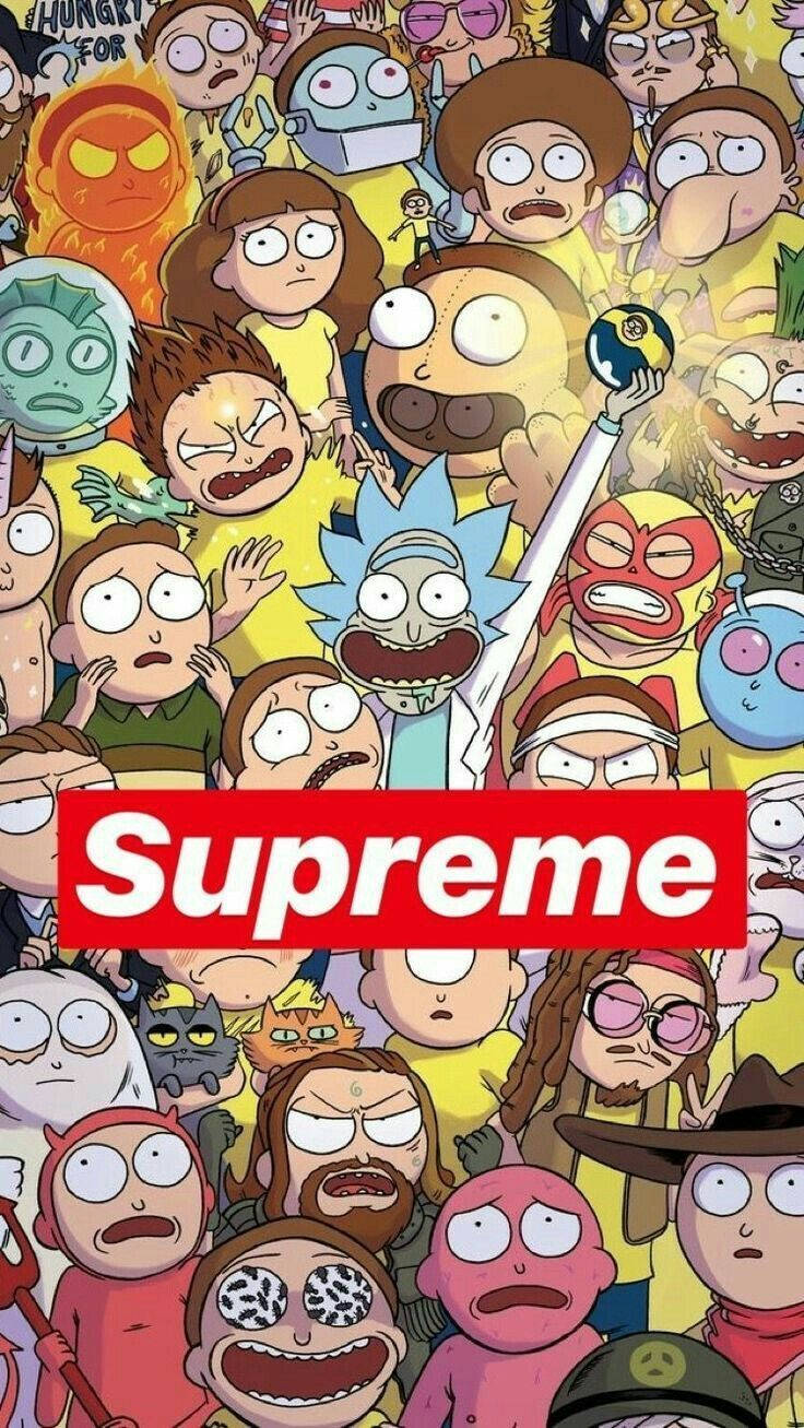 rick 桌布 壁紙 — 一個混亂的拼貼畫，描繪了瑞克和莫蒂角色，圍繞著一個大膽的紅色Supreme標誌，充滿誇張的表情和鮮豔的色彩。