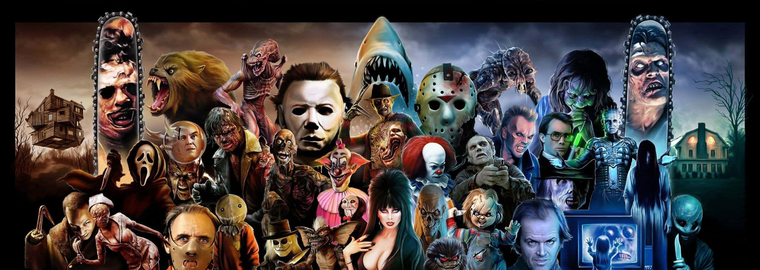 Horror Icons 桌布 壁紙 — 一個混亂的拼貼畫，描繪了經典恐怖電影中的反派和怪物，背景是黑暗風暴中的鬼屋。