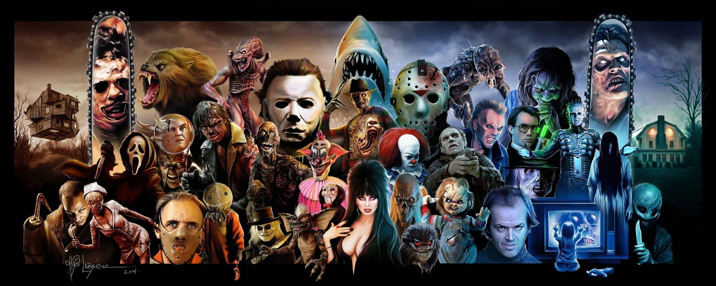 Horror Movie Collage 桌布 壁紙 — 一個混亂的拼貼畫，描繪了經典恐怖電影中的反派和怪物，背景是黑暗風暴的天空。