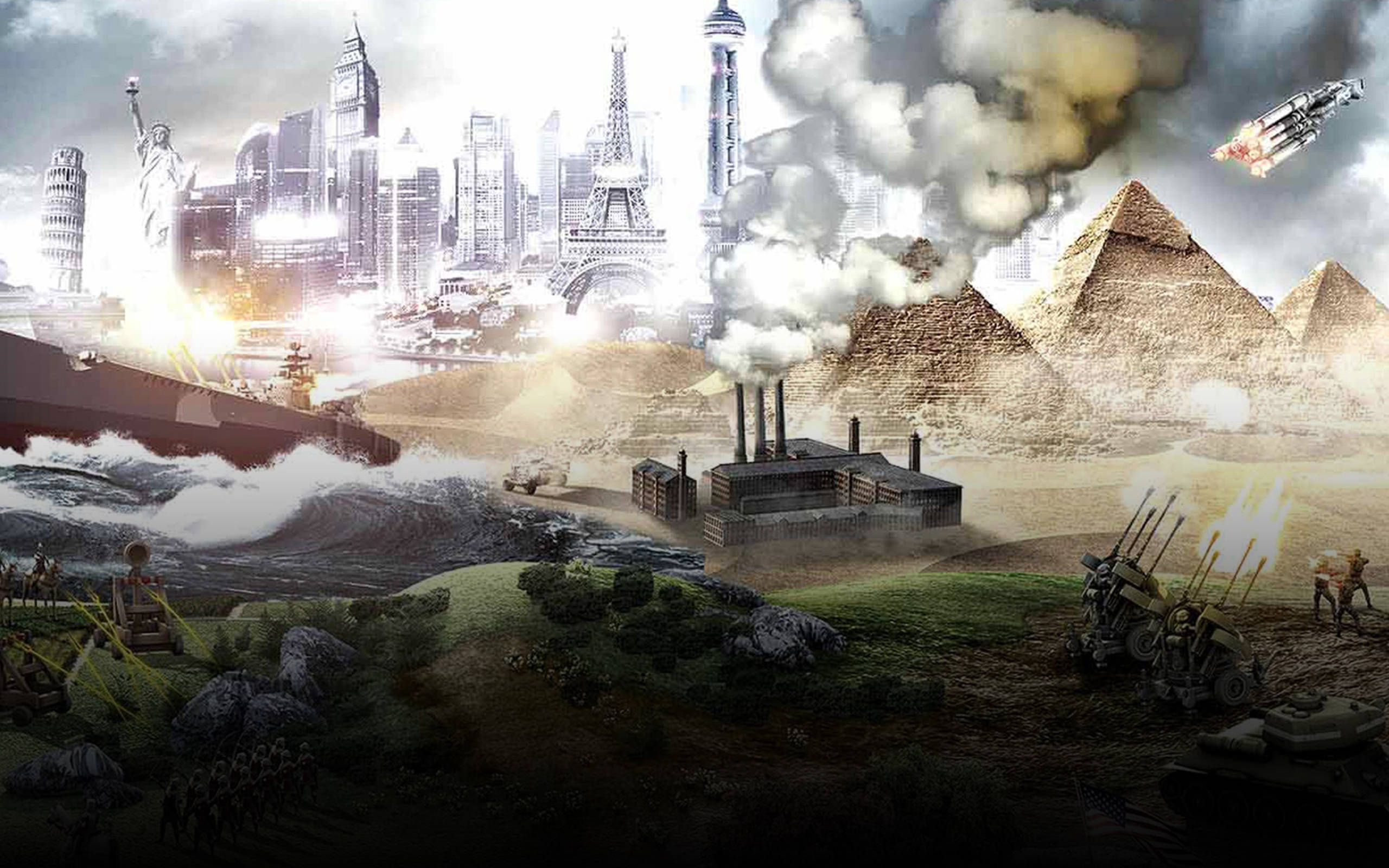 civilization 5 桌布 壁紙 — 一個混亂的拼貼畫，描繪全球地標在煙霧、軍艦、坦克和導彈的包圍下，處於超現實的戰場中。