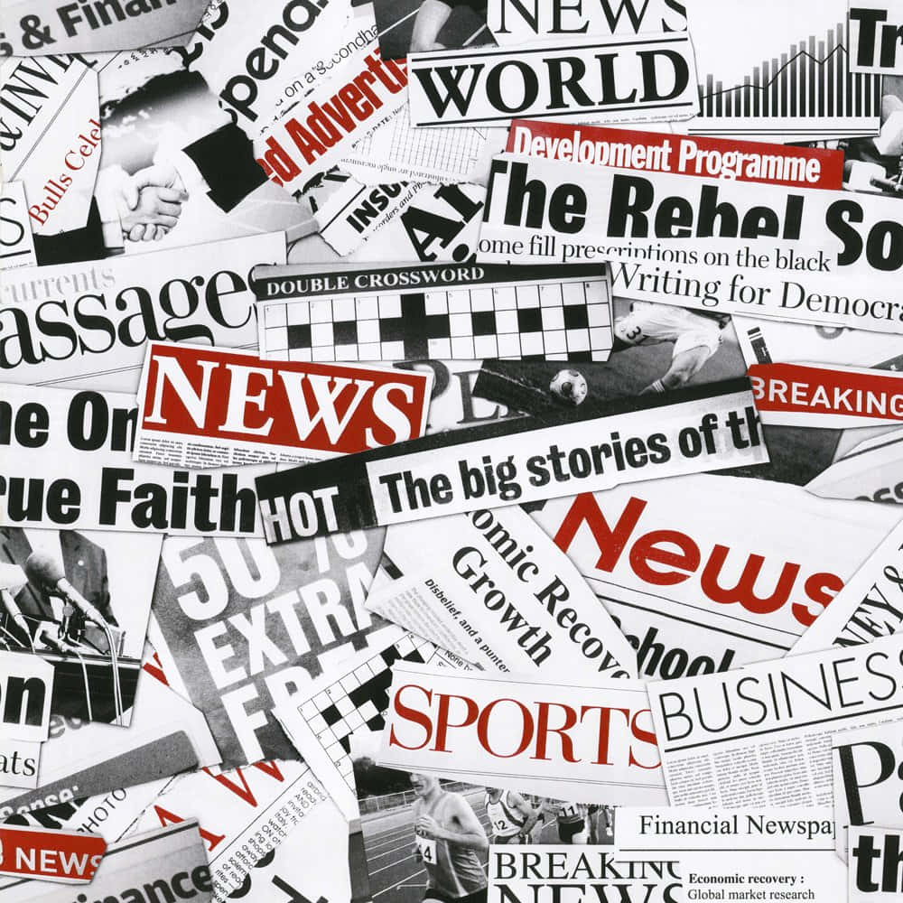 Newspaper 桌布 壁紙 — 一個混亂的拼貼畫，由撕碎的新聞剪報組成，帶有粗體標題和照片，覆蓋整個畫面。